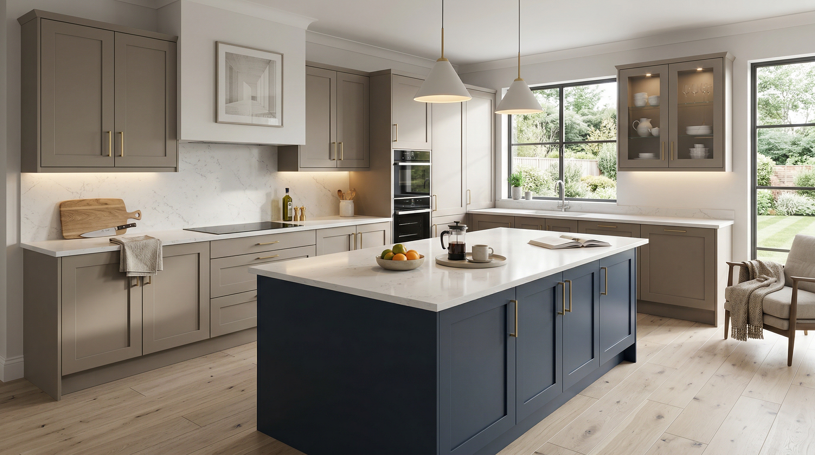 hero_1200x675 Wide view of a newly completed bespoke Mastercraft kitchen, modern shaker cabinetry in marine tones
