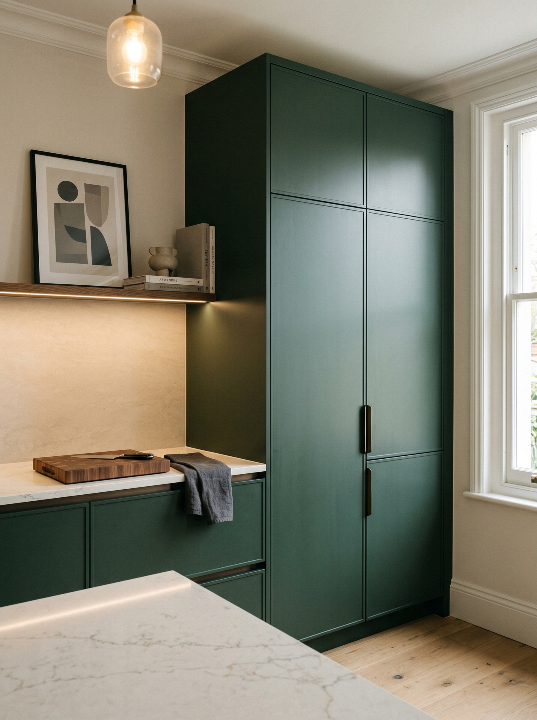 Tall view of full-height bespoke kitchen cabinetry, modern shaker cabinetry