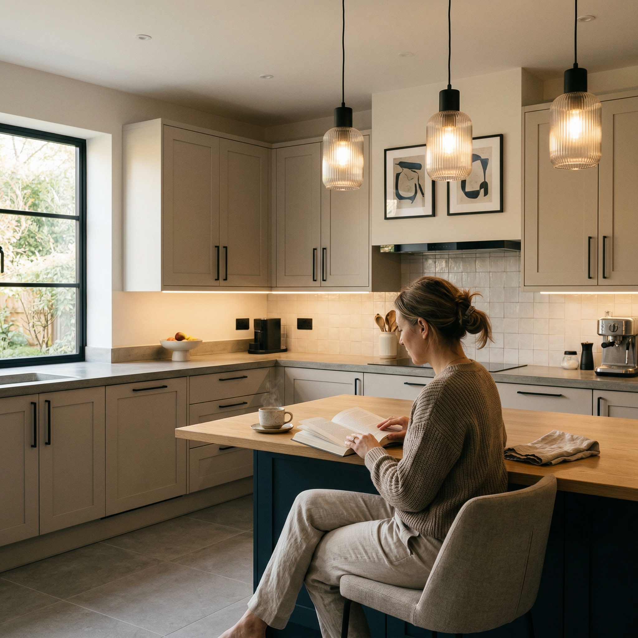 Bespoke kitchen designed for a Sandy home, quality materials and considered layout