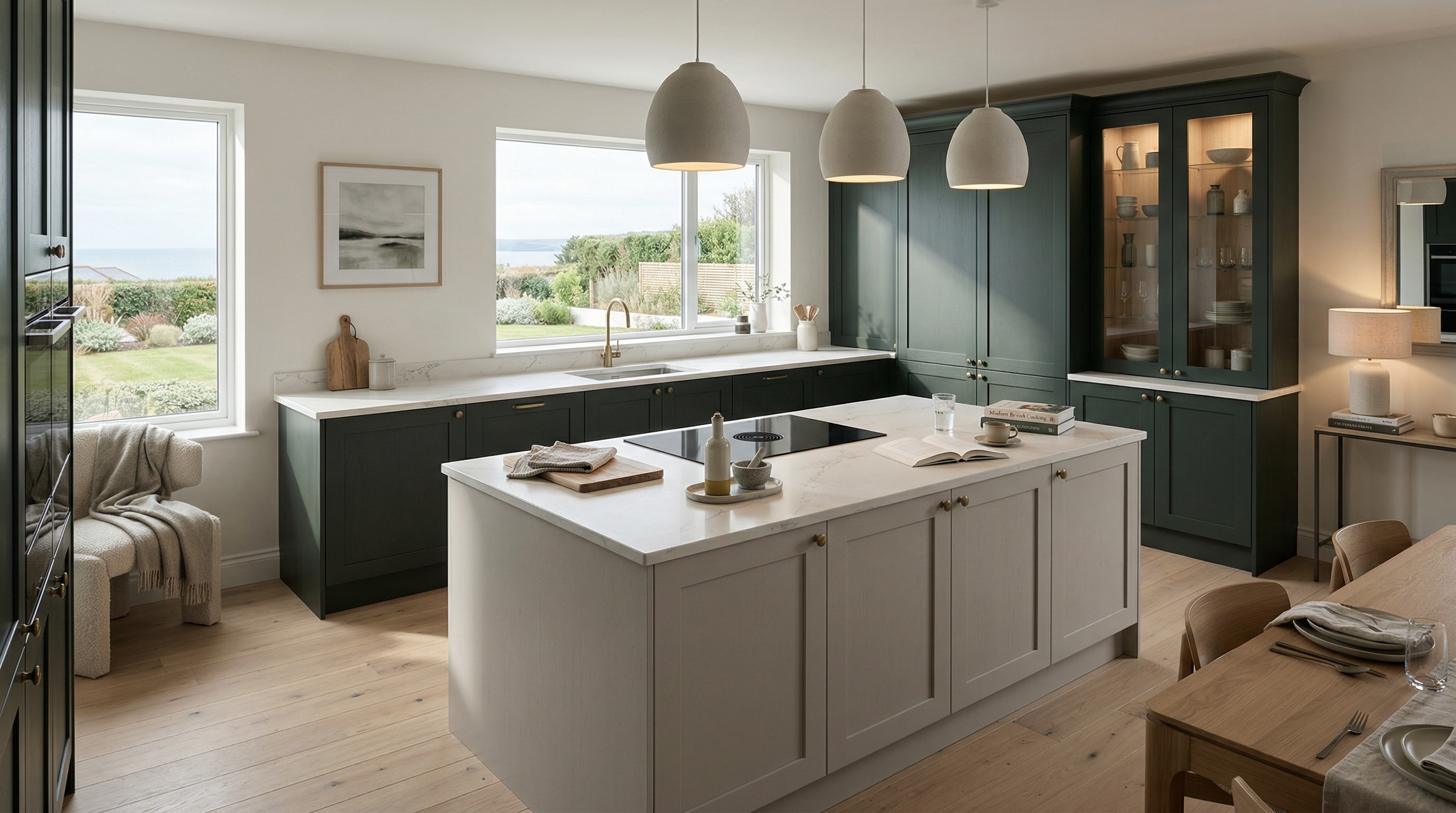 Mastercraft bespoke kitchen in Saundersfoot, wide architectural view showing room volume and design quality