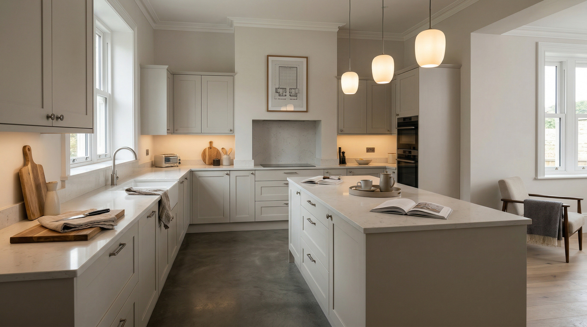 Wide view of a newly completed bespoke Mastercraft kitchen, contemporary painted lay-on cabinetry in stone grey tones