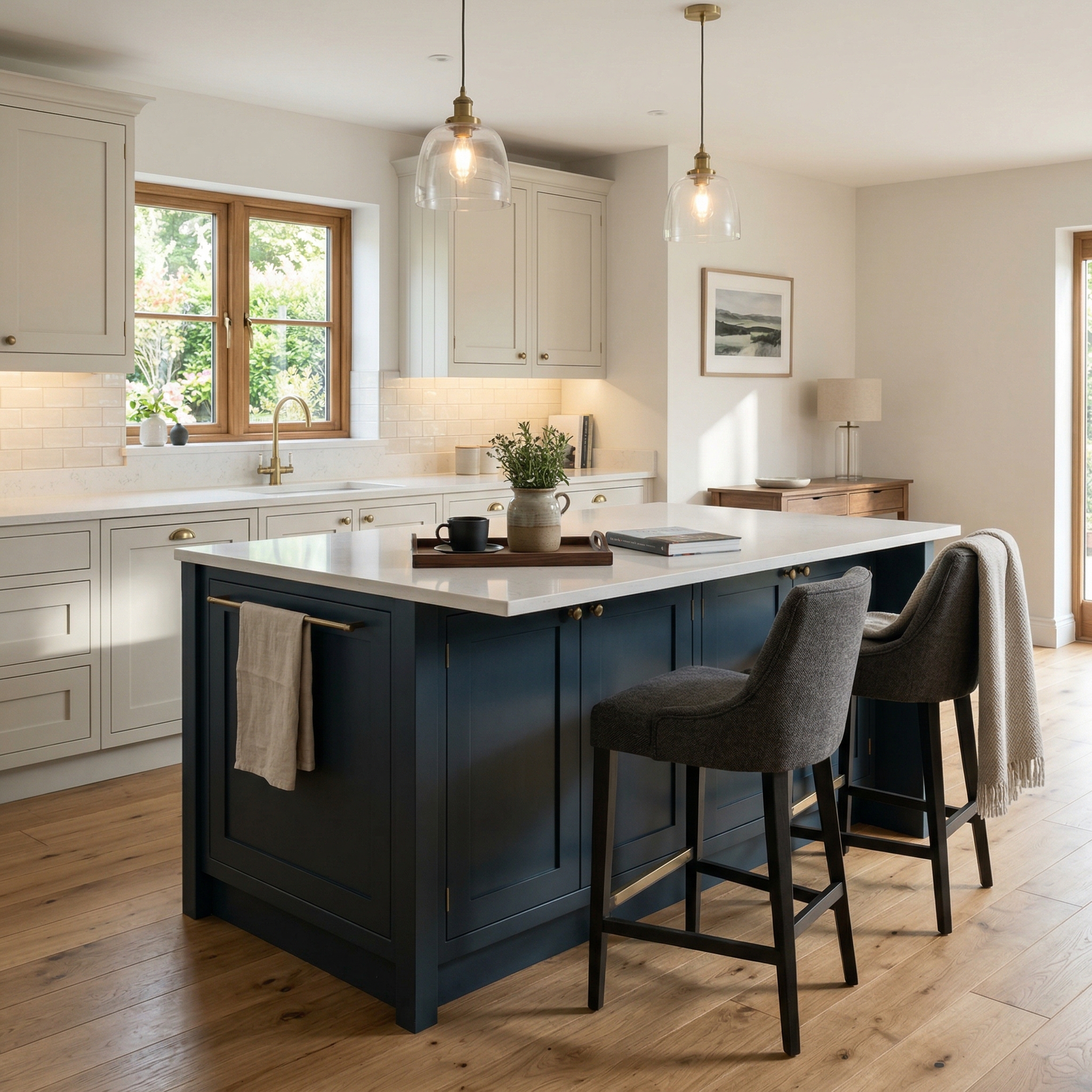 Bespoke kitchen island detail, contemporary painted lay-on cabinetry with quality joinery