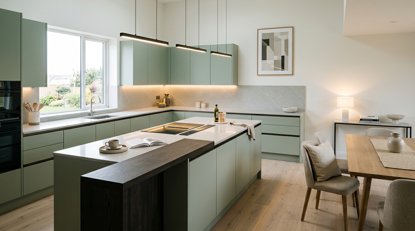 hero_1200x675 Wide view of a newly completed bespoke Mastercraft kitchen, modern shaker cabinetry in heritage green tones