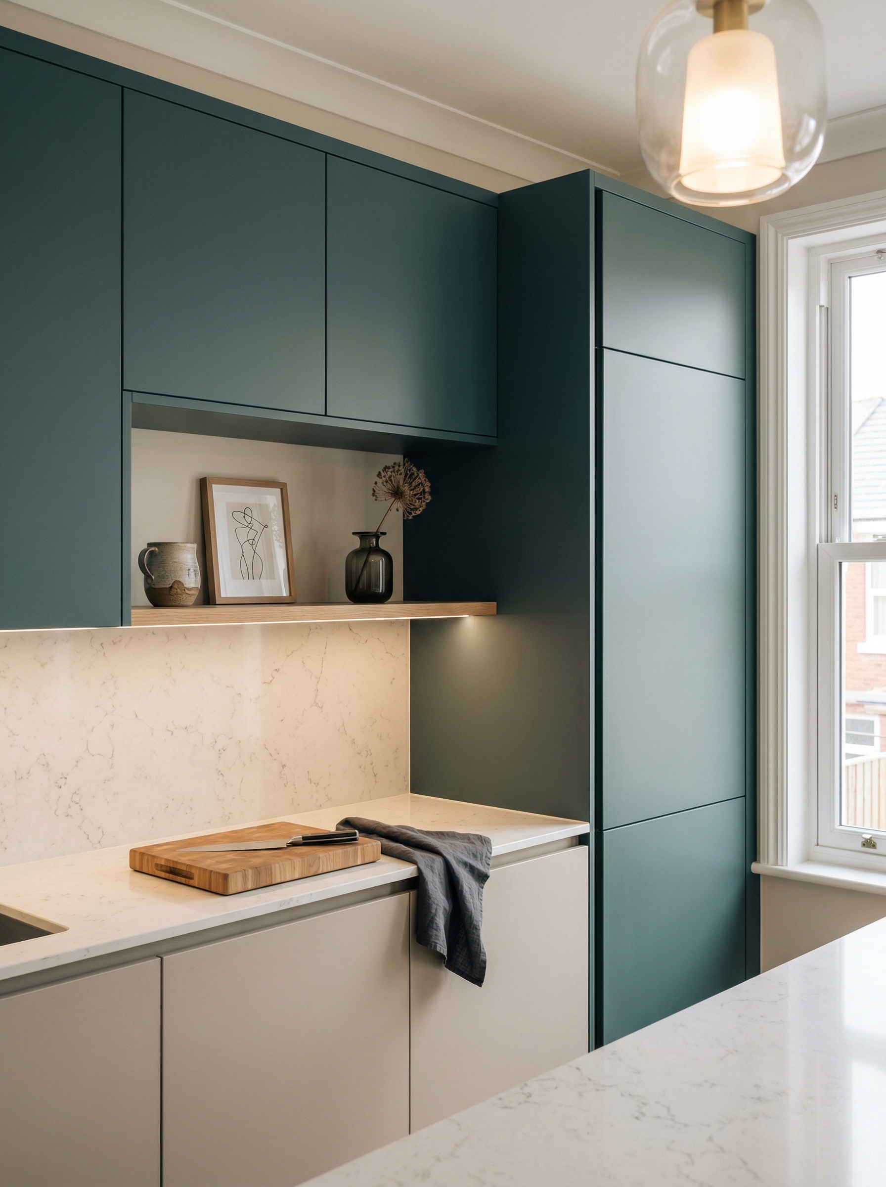 Tall view of full-height bespoke kitchen cabinetry, modern shaker cabinetry