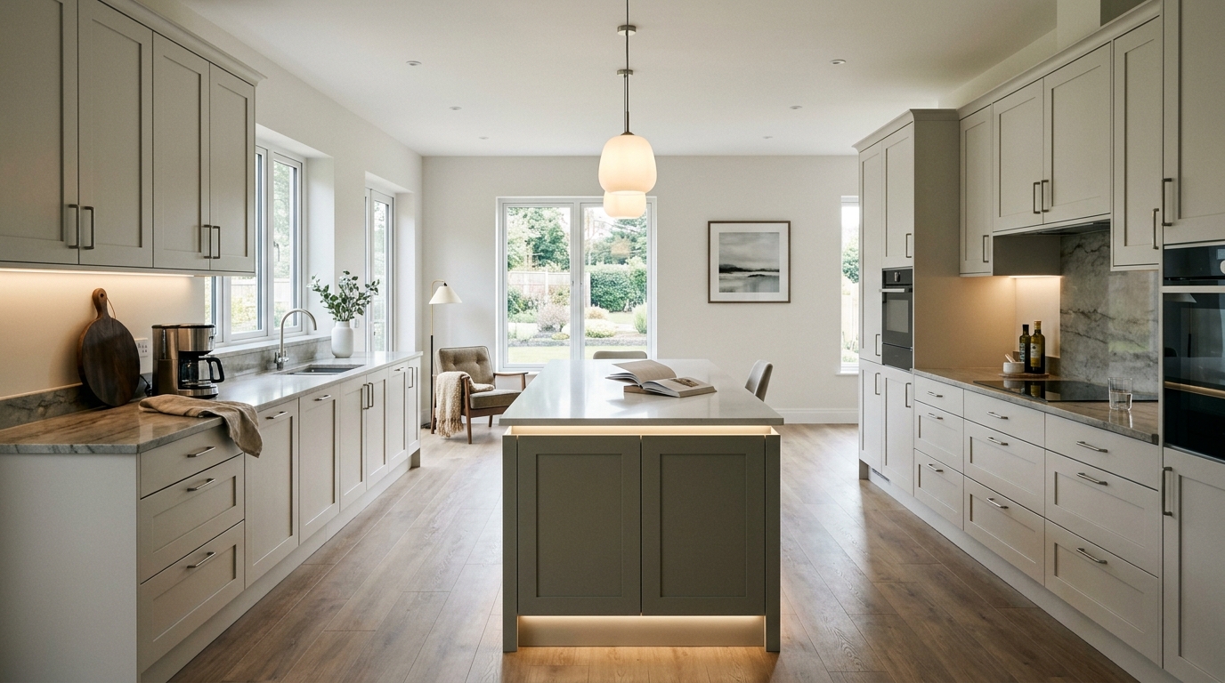 Wide view of a newly completed bespoke Mastercraft kitchen, contemporary in-frame cabinetry in light teal tones