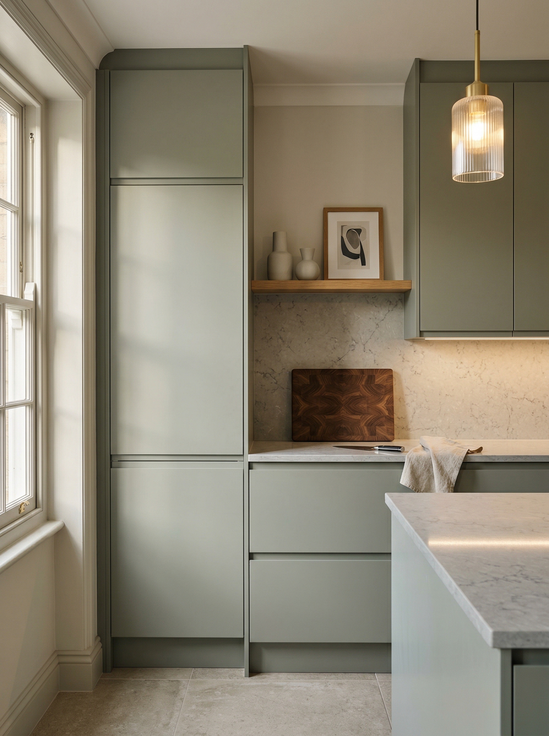 Tall view of full-height bespoke kitchen cabinetry, contemporary in-frame cabinetry