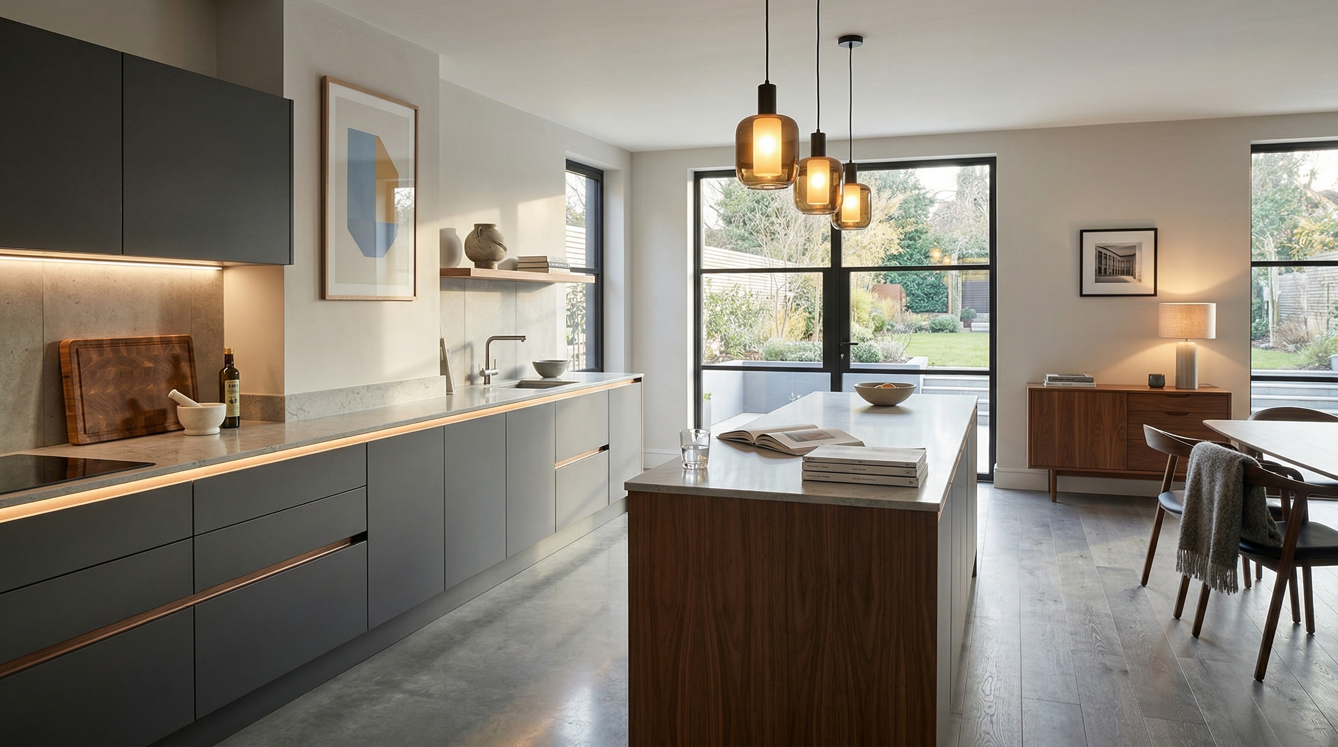 Mastercraft bespoke kitchen in Shaftesbury, wide architectural view showing room volume and design quality