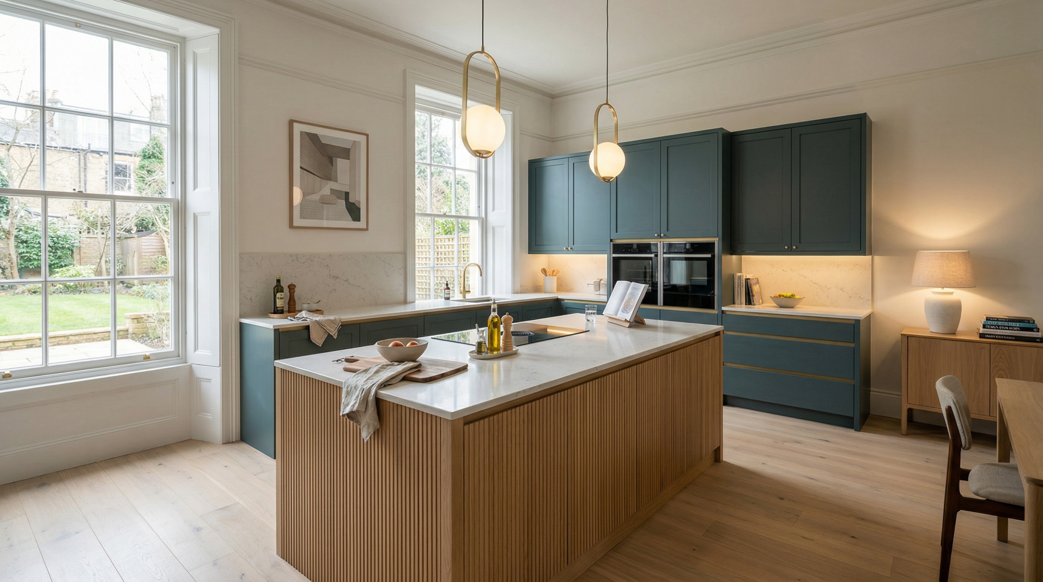 Wide view of a newly completed bespoke Mastercraft kitchen, timber veneer slab-door cabinetry in cashmere tones