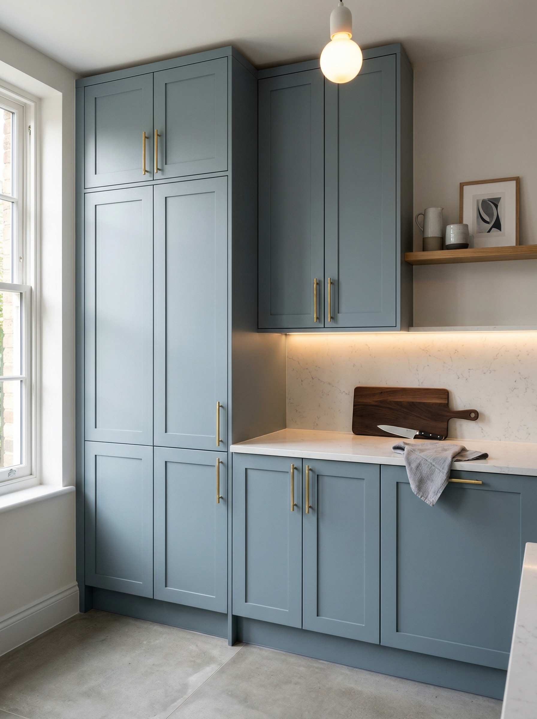 Tall view of full-height bespoke kitchen cabinetry, contemporary painted lay-on cabinetry