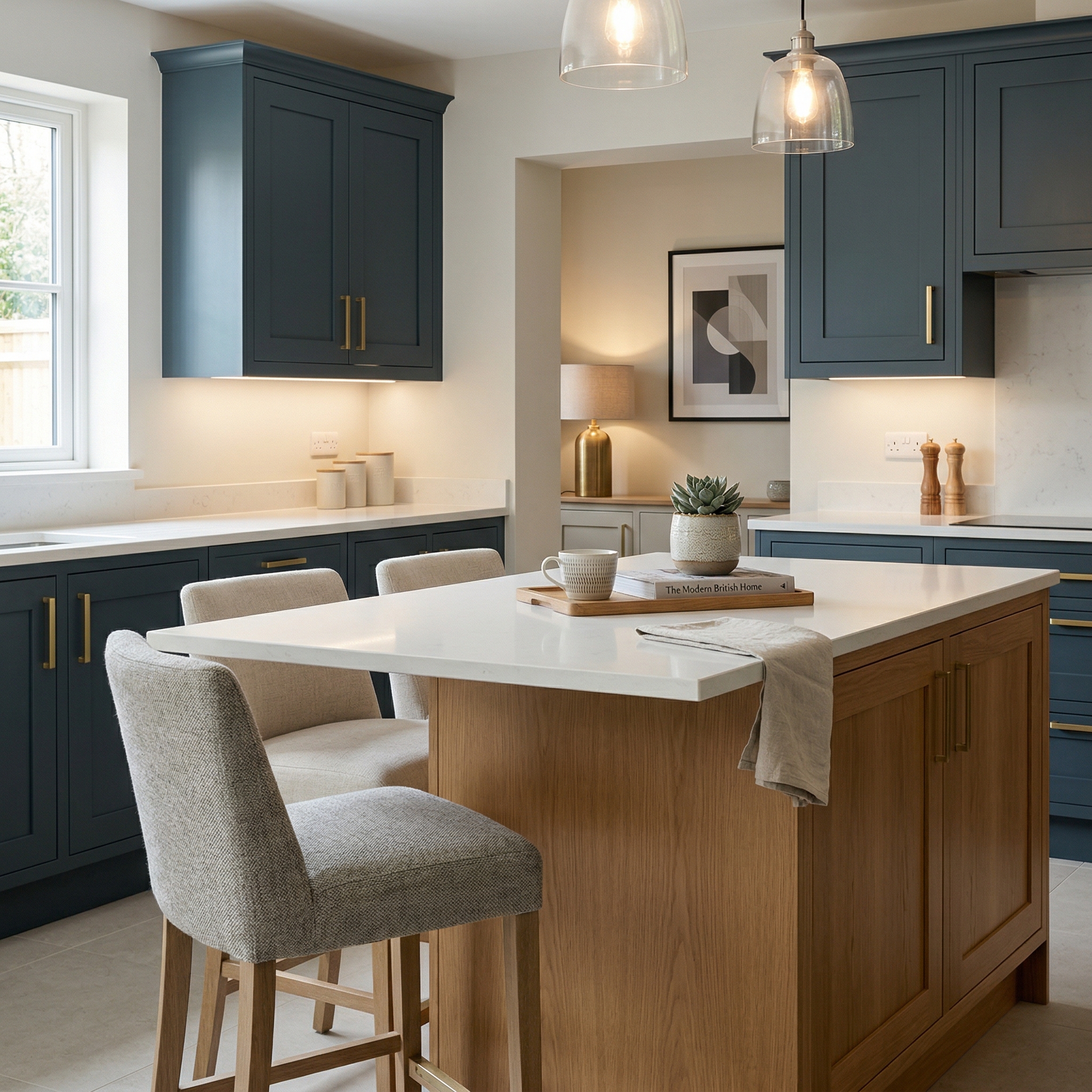 Bespoke kitchen island detail, contemporary painted lay-on cabinetry with quality joinery