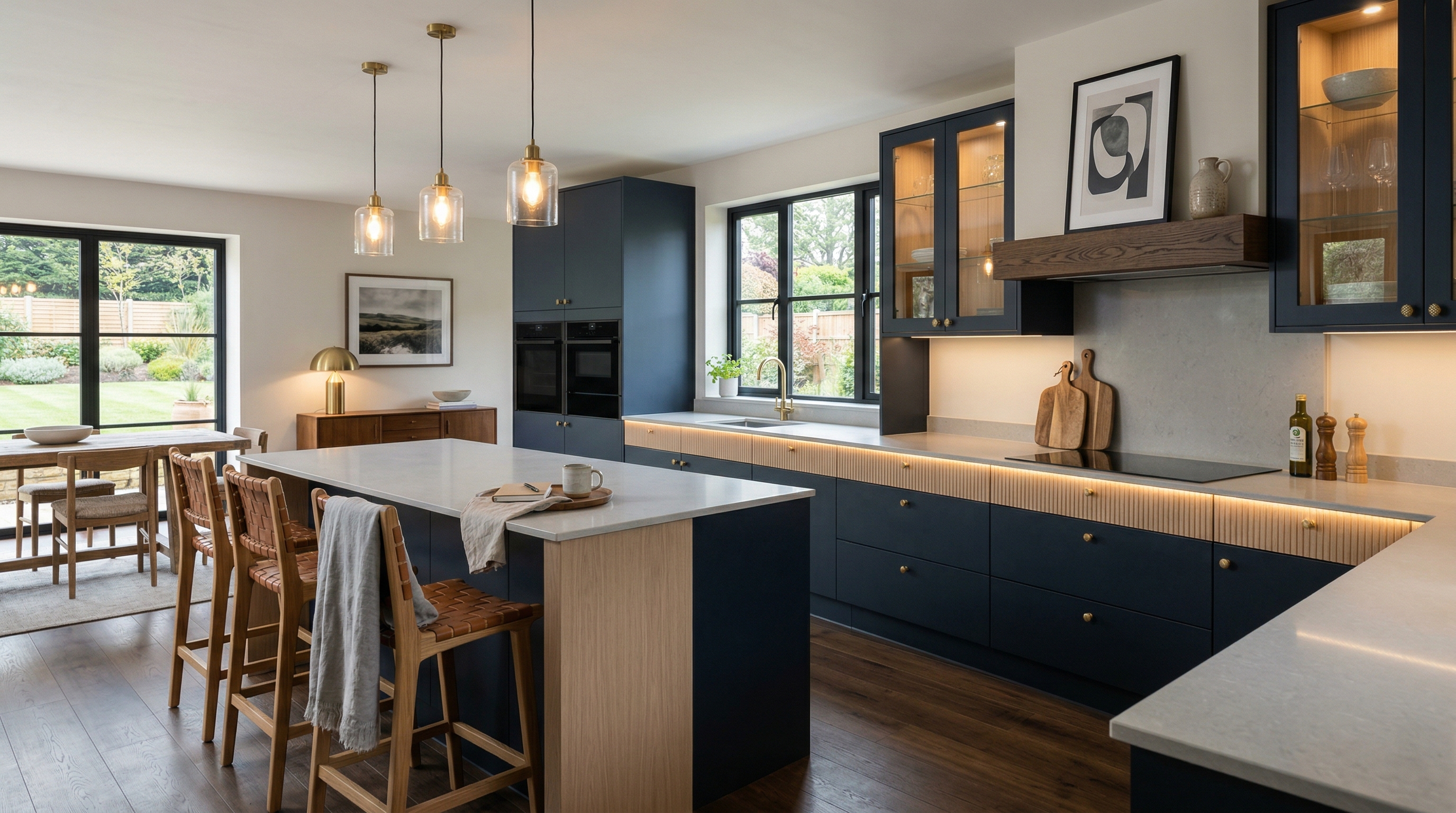 Mastercraft bespoke kitchen in Sherborne, wide architectural view showing room volume and design quality