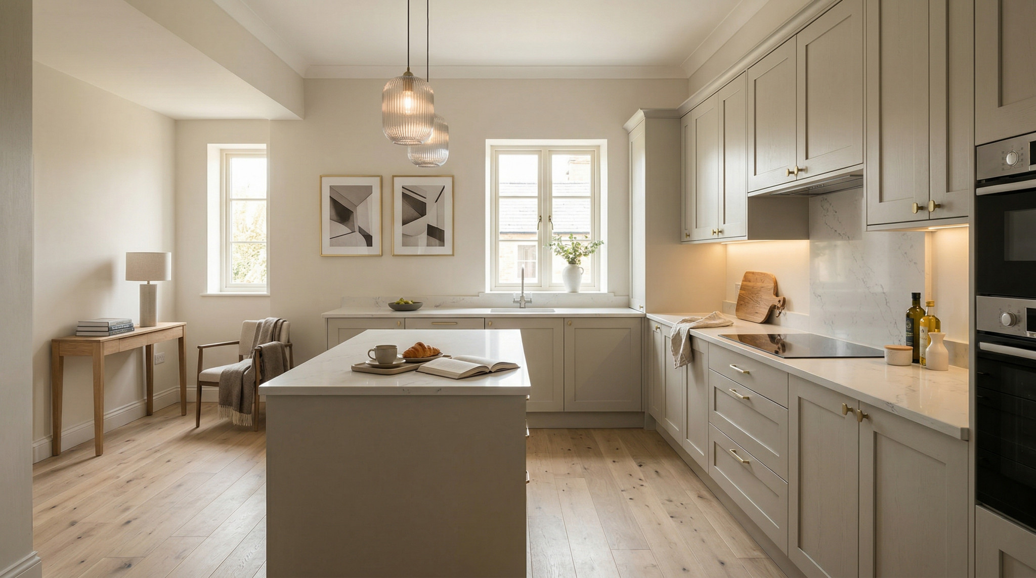 Wide view of a newly completed bespoke Mastercraft kitchen, contemporary painted lay-on cabinetry in marine tones