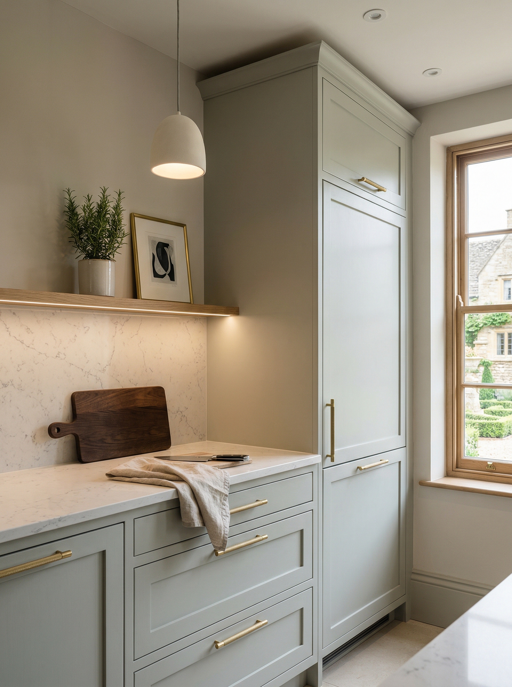 Tall view of full-height bespoke kitchen cabinetry, contemporary painted lay-on cabinetry