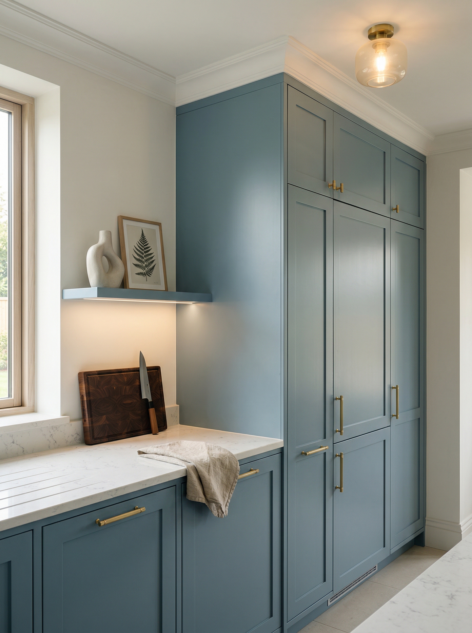 Tall view of full-height bespoke kitchen cabinetry, timber veneer slab-door cabinetry