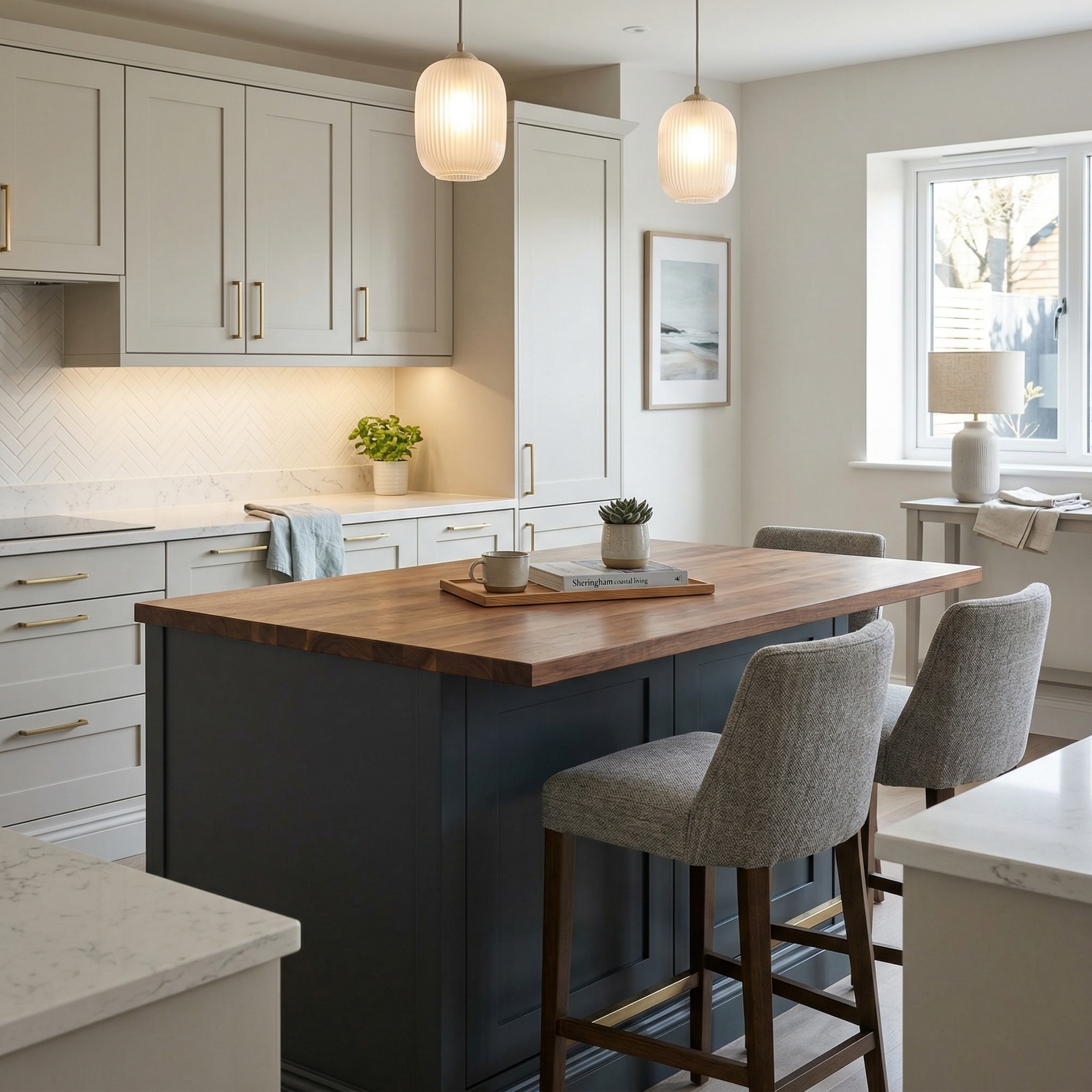 Bespoke kitchen island detail, timber veneer slab-door cabinetry with quality joinery
