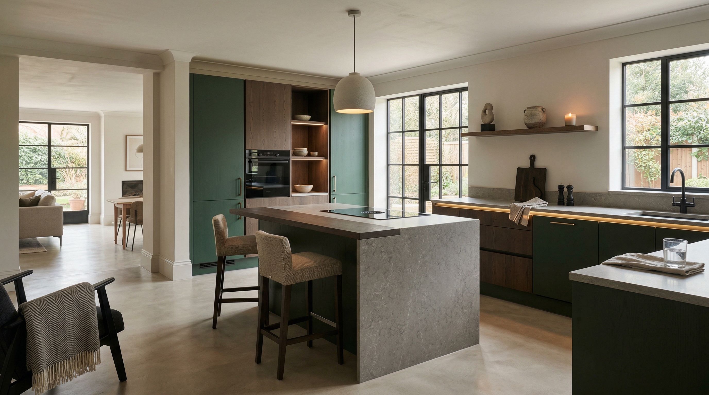 Mastercraft bespoke kitchen in Sidmouth, wide architectural view showing room volume and design quality