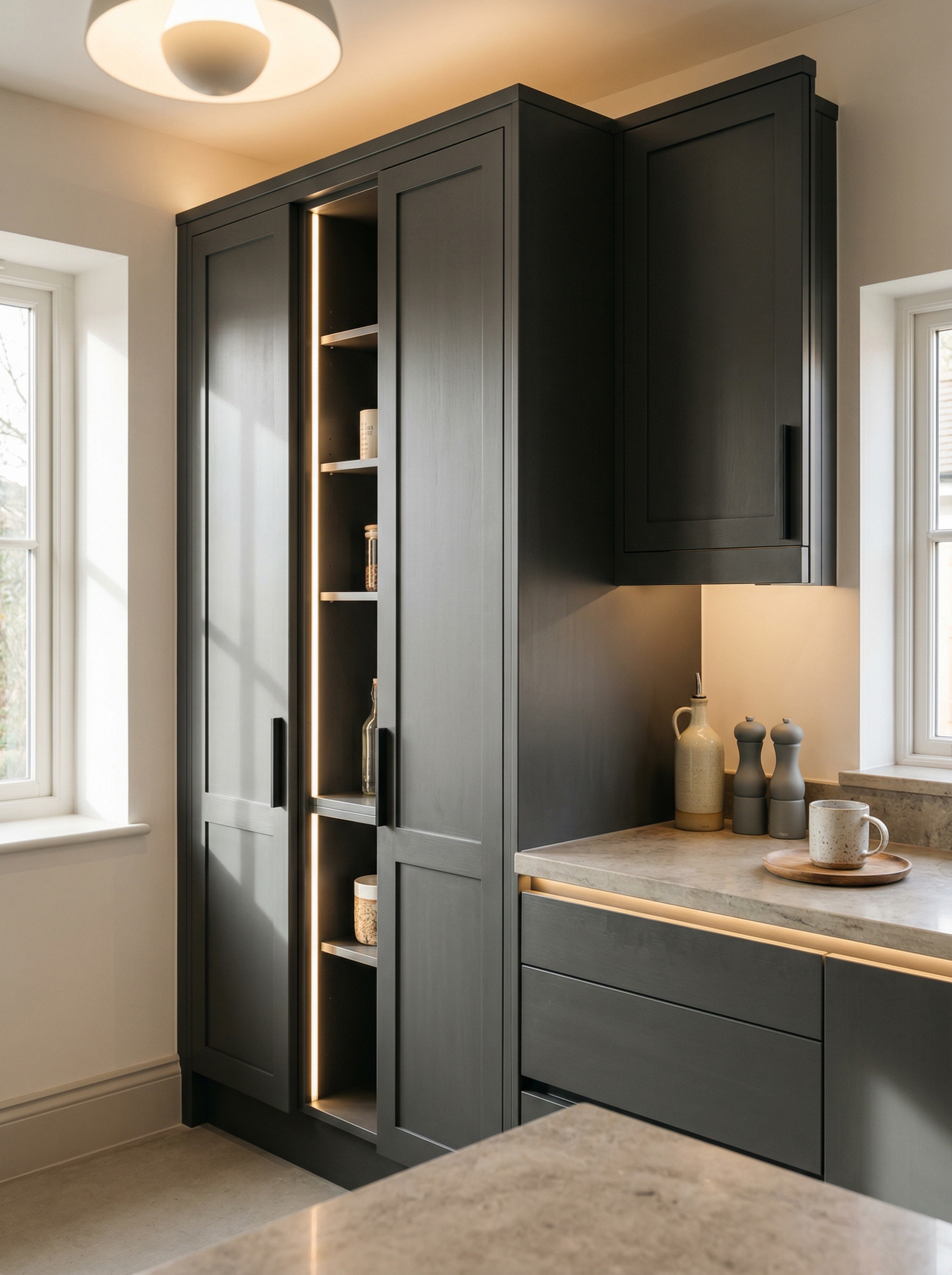 Bespoke kitchen installation, full-height cabinetry and considered storage design