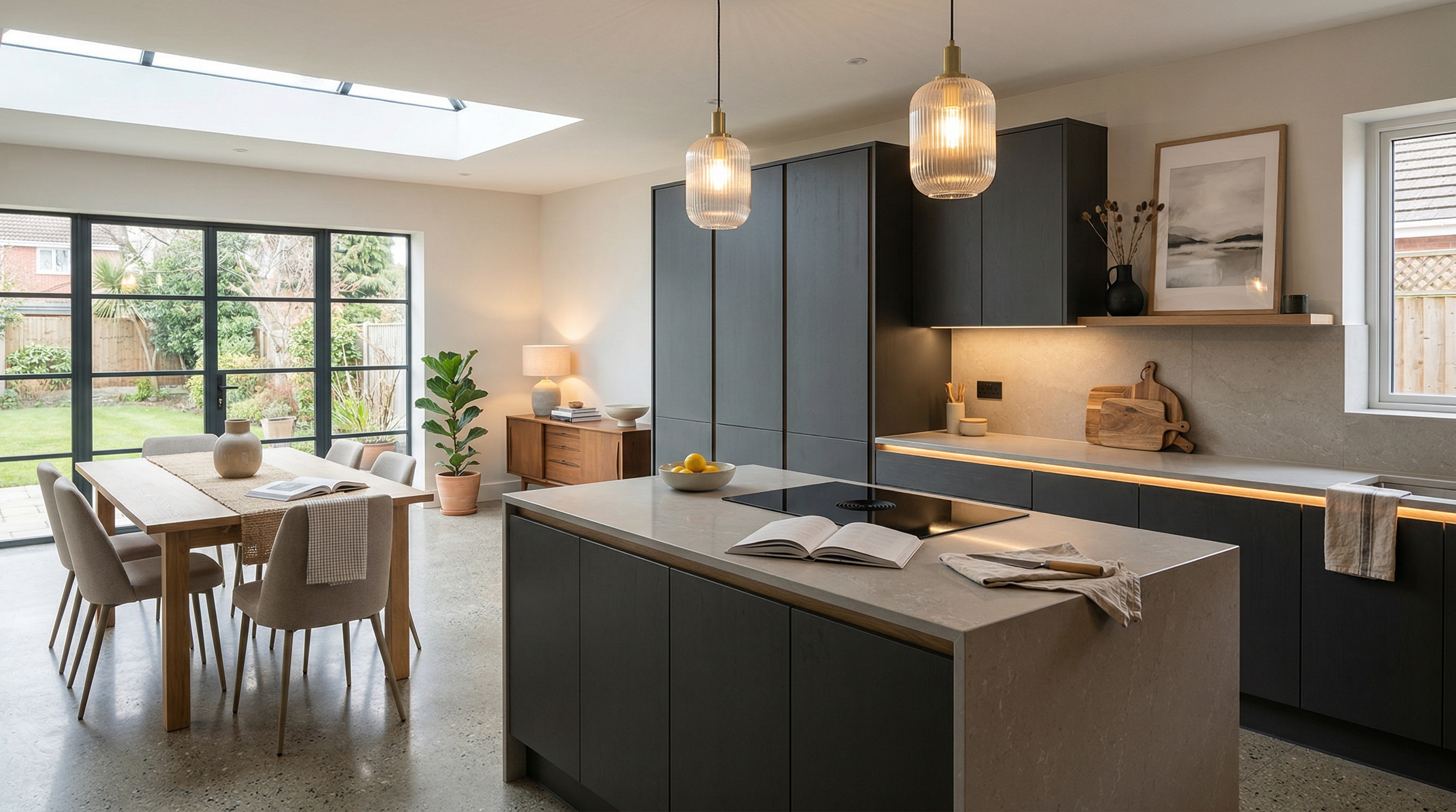 Mastercraft bespoke kitchen in Sketty, wide architectural view showing room volume and design quality