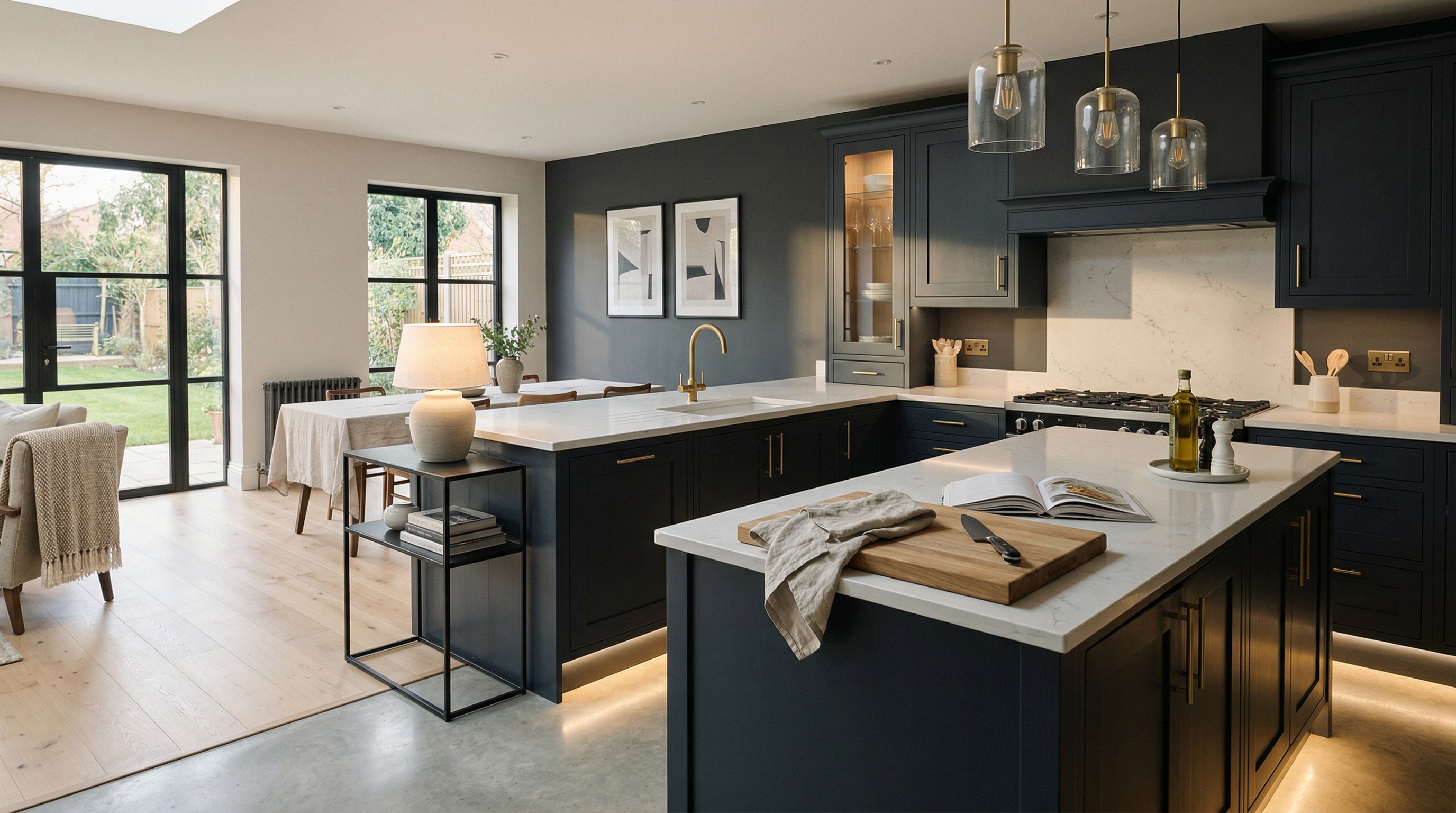 Mastercraft bespoke kitchen in Soham, wide architectural view showing room volume and design quality