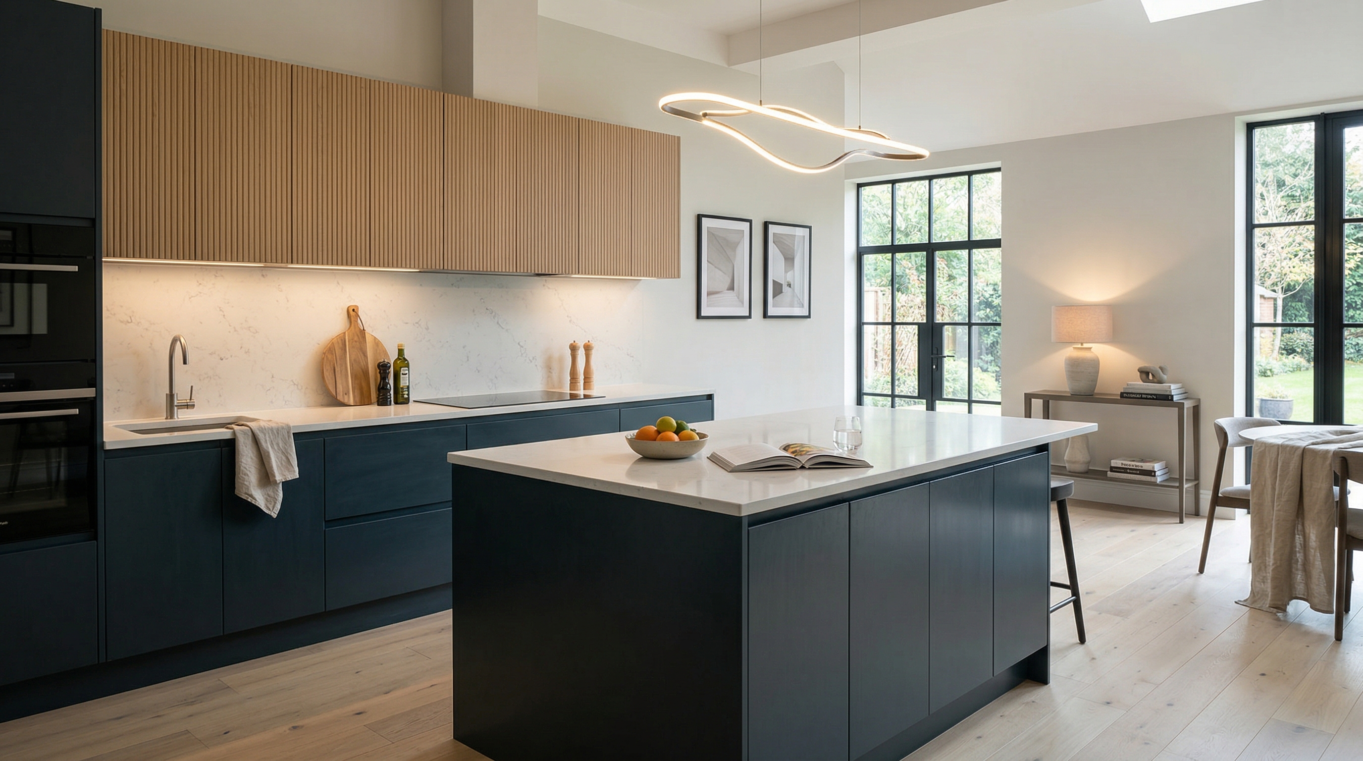 Wide view of a newly completed bespoke Mastercraft kitchen, timber veneer slab-door cabinetry in gunmetal grey tones