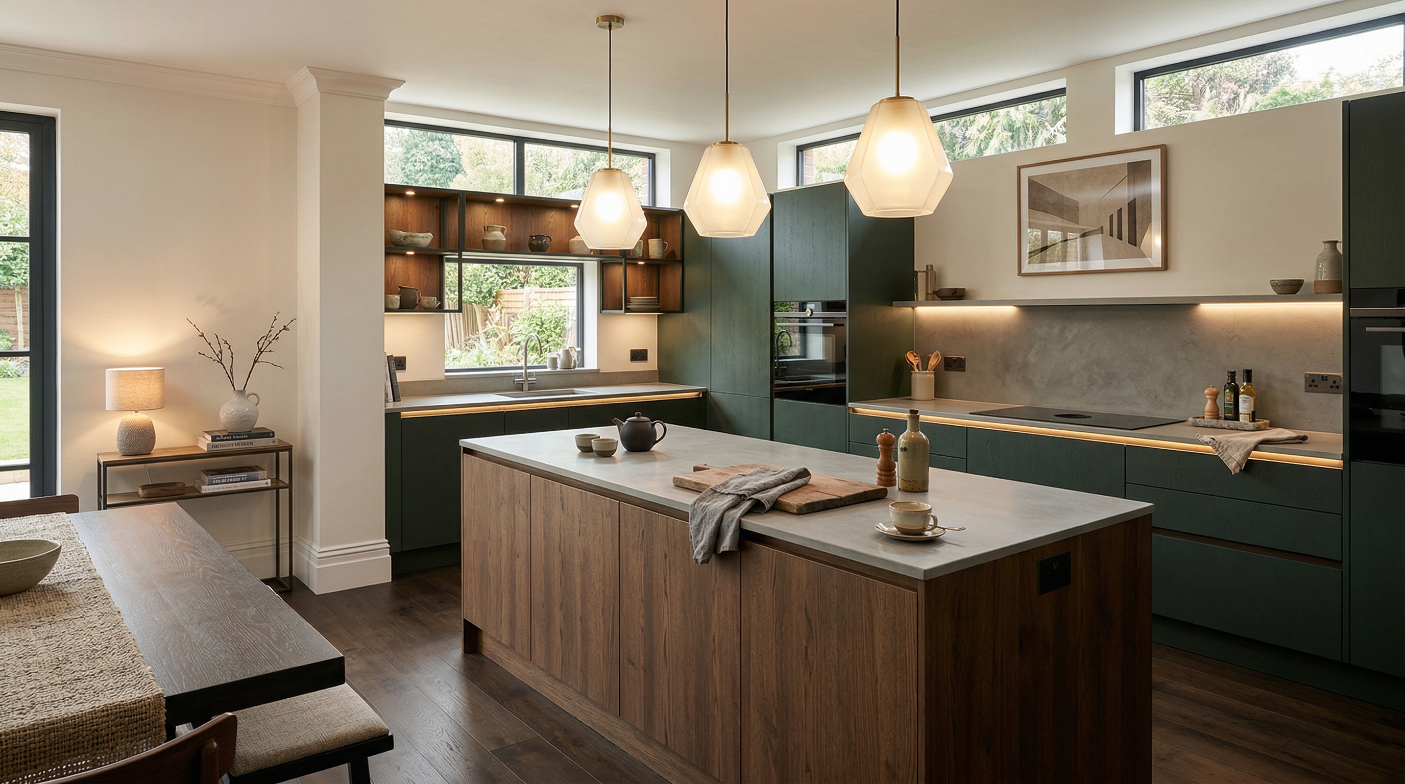 Mastercraft bespoke kitchen in Somerton, wide architectural view showing room volume and design quality