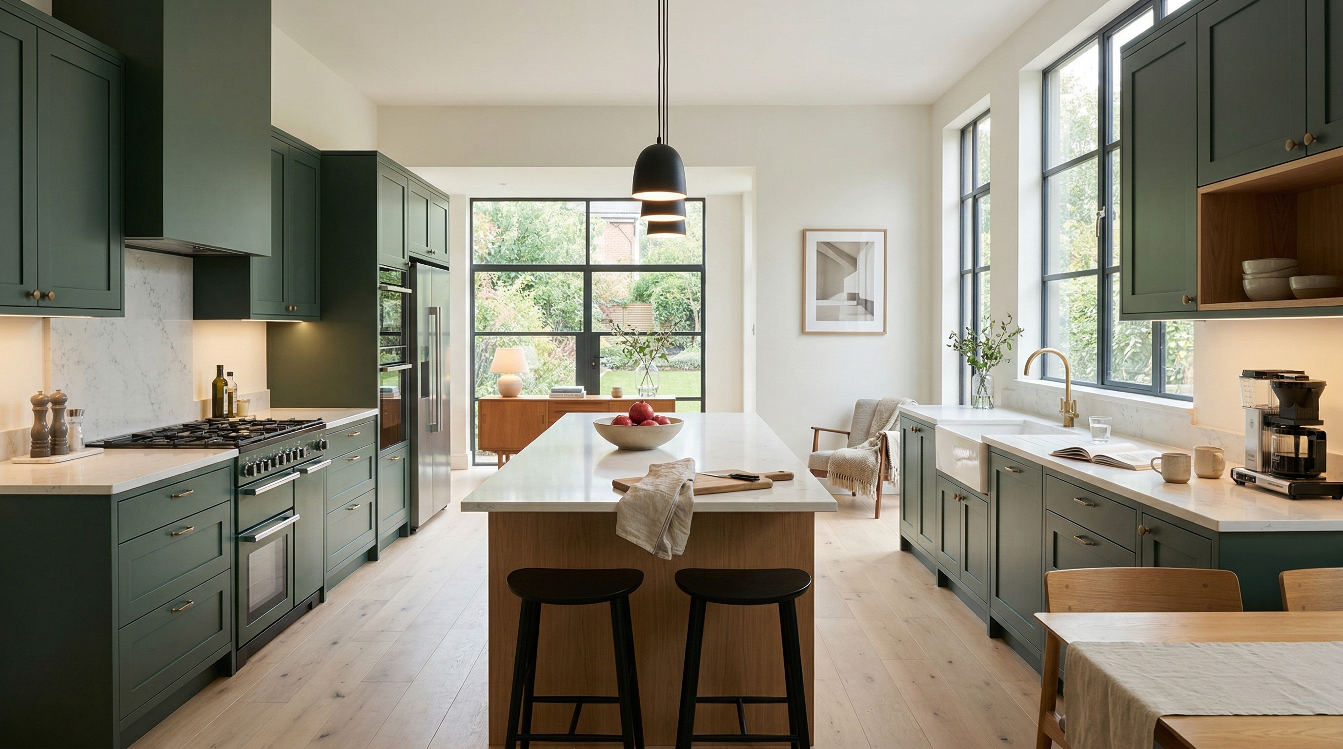 Wide view of a newly completed bespoke Mastercraft kitchen, matt painted handleless slab cabinetry in cardamom tones