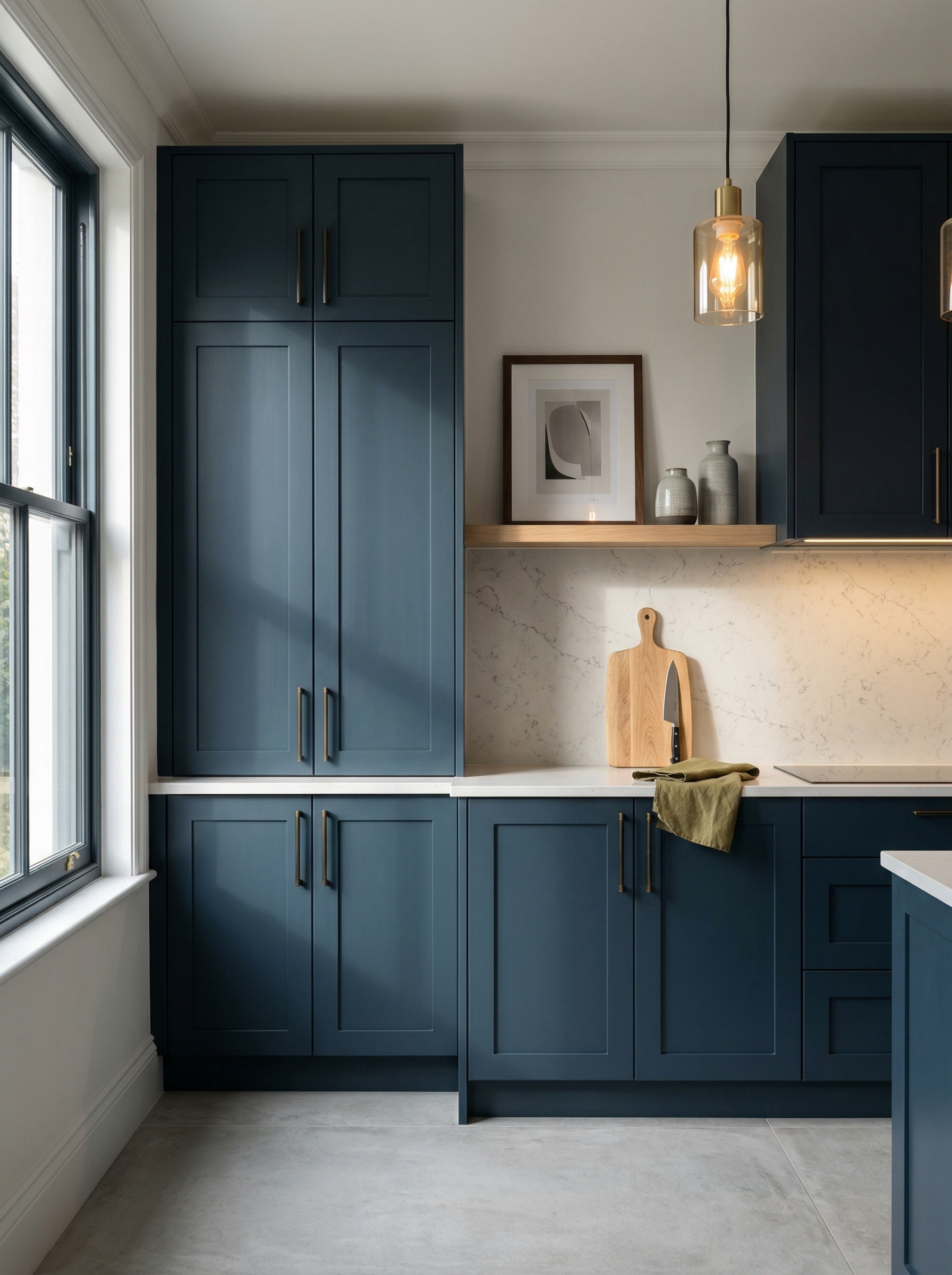 Tall view of full-height bespoke kitchen cabinetry, matt painted handleless slab cabinetry