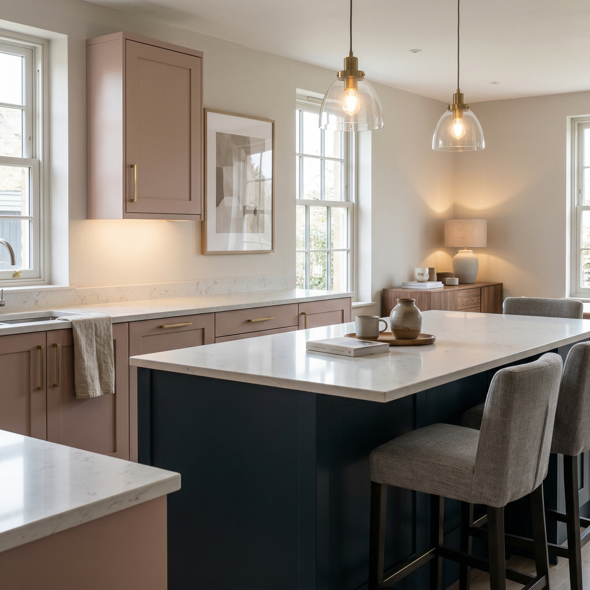 Bespoke kitchen island detail, matt painted handleless slab cabinetry with quality joinery