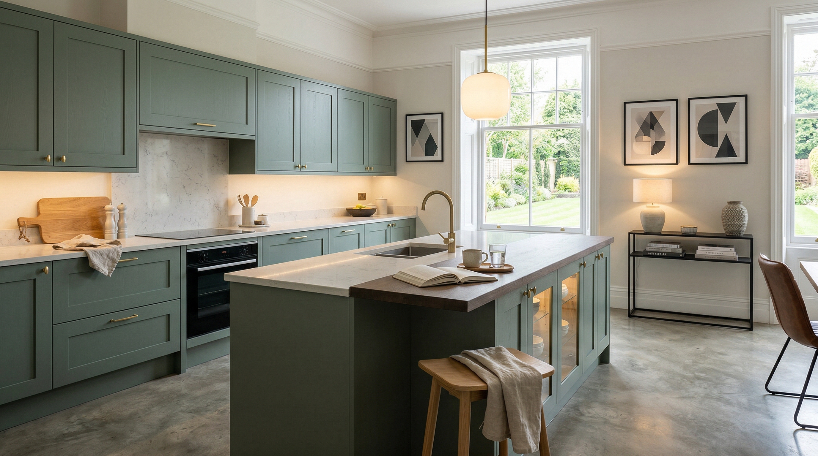 Wide view of a newly completed bespoke Mastercraft kitchen, contemporary in-frame cabinetry in brilliant white tones