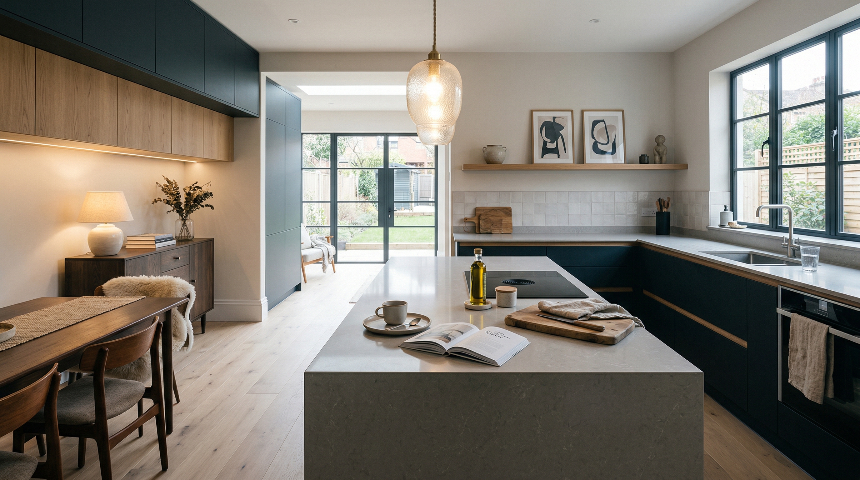 Mastercraft bespoke kitchen in Southville, wide architectural view showing room volume and design quality