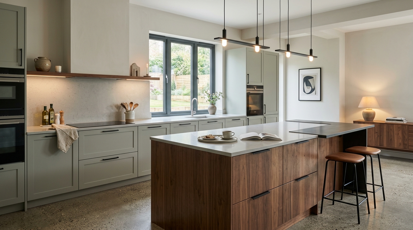 Wide view of a newly completed bespoke Mastercraft kitchen, timber veneer slab-door cabinetry in willow tones