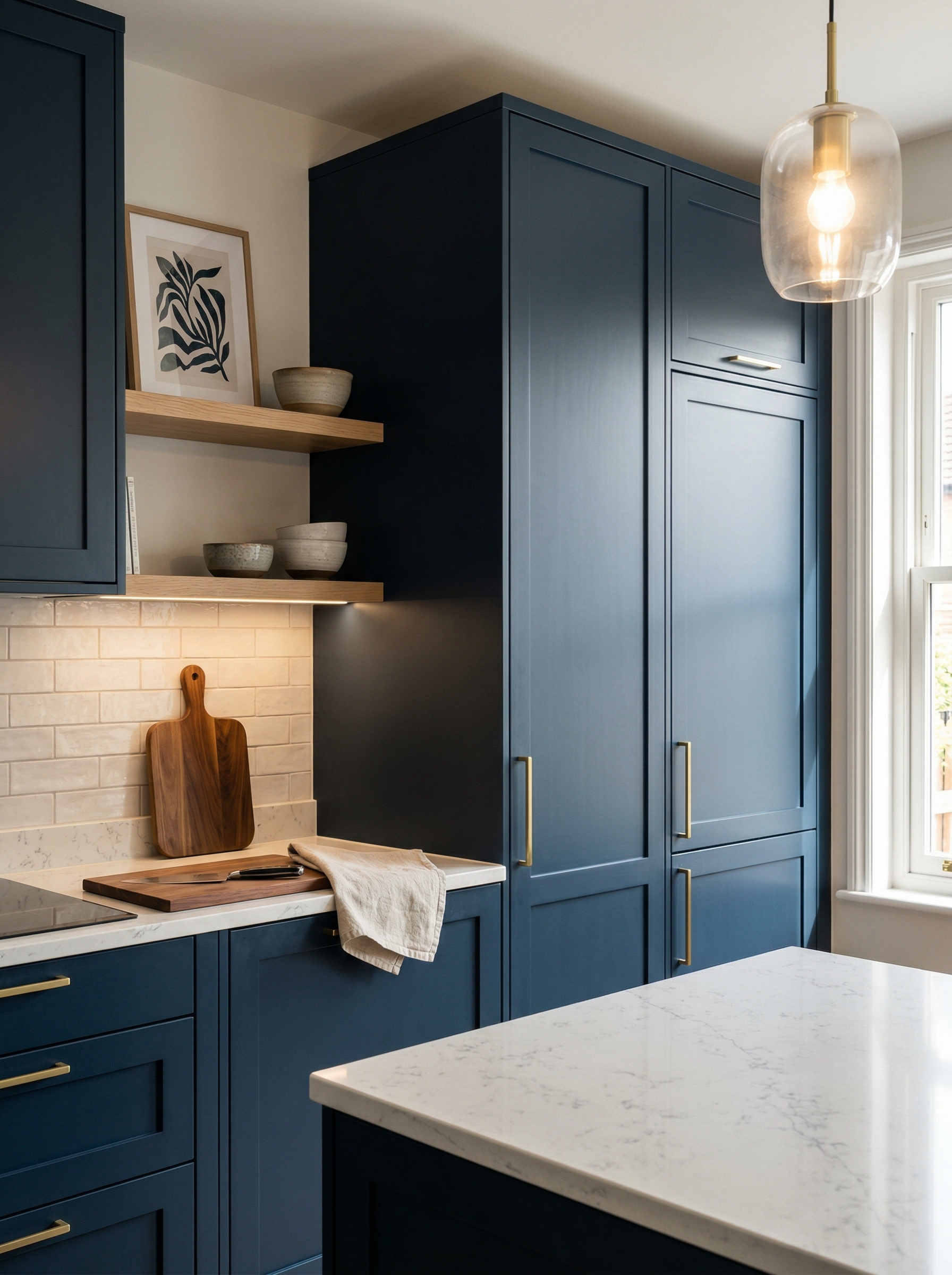 Tall view of full-height bespoke kitchen cabinetry, timber veneer slab-door cabinetry