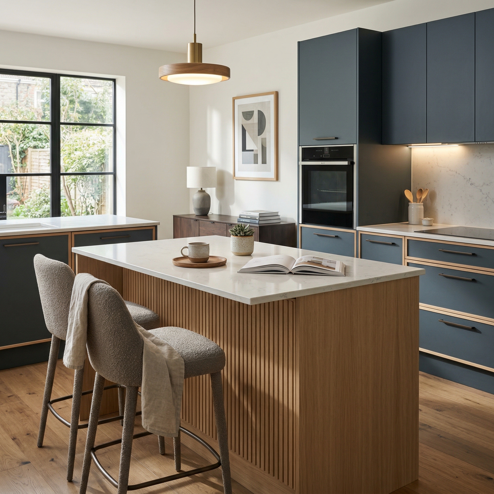 Bespoke kitchen island detail, timber veneer slab-door cabinetry with quality joinery