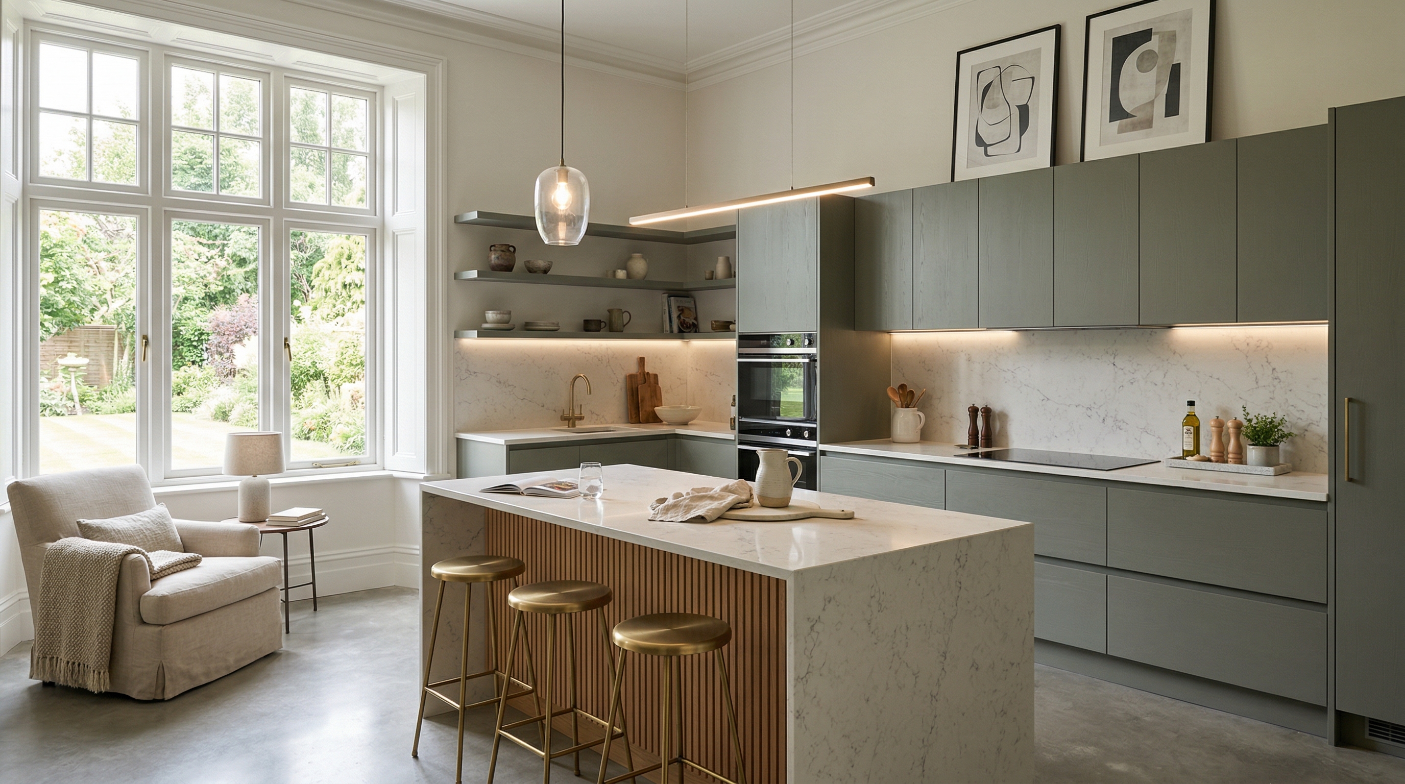 hero_1200x675 Wide view of a newly completed bespoke Mastercraft kitchen, matt painted handleless slab cabinetry in graphite tones