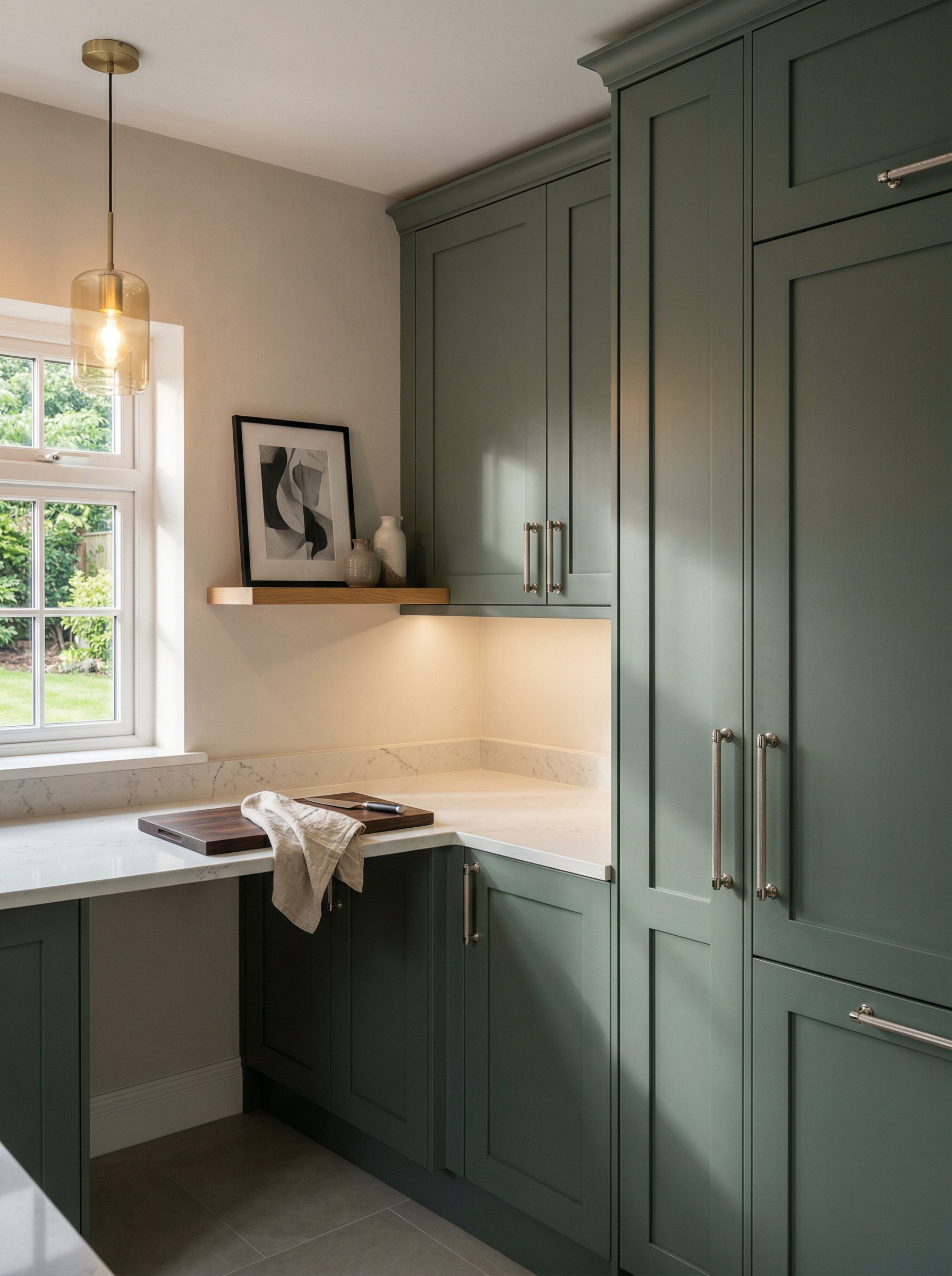 portrait1_600x800 Tall view of full-height bespoke kitchen cabinetry, matt painted handleless slab cabinetry