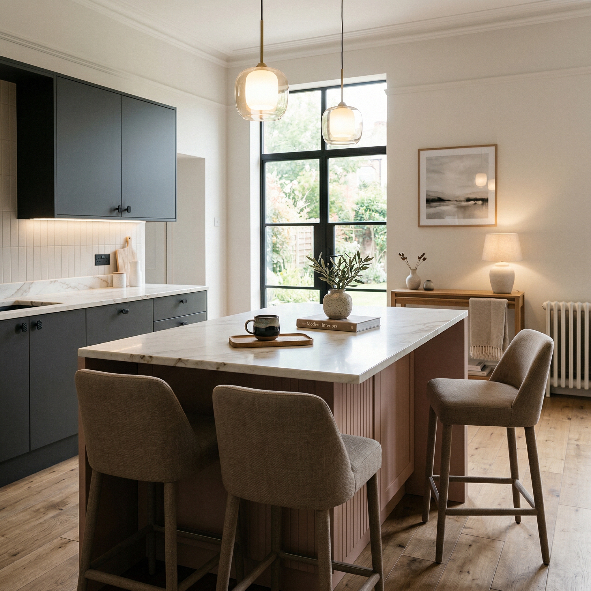 Bespoke kitchen island detail, matt painted handleless slab cabinetry with quality joinery