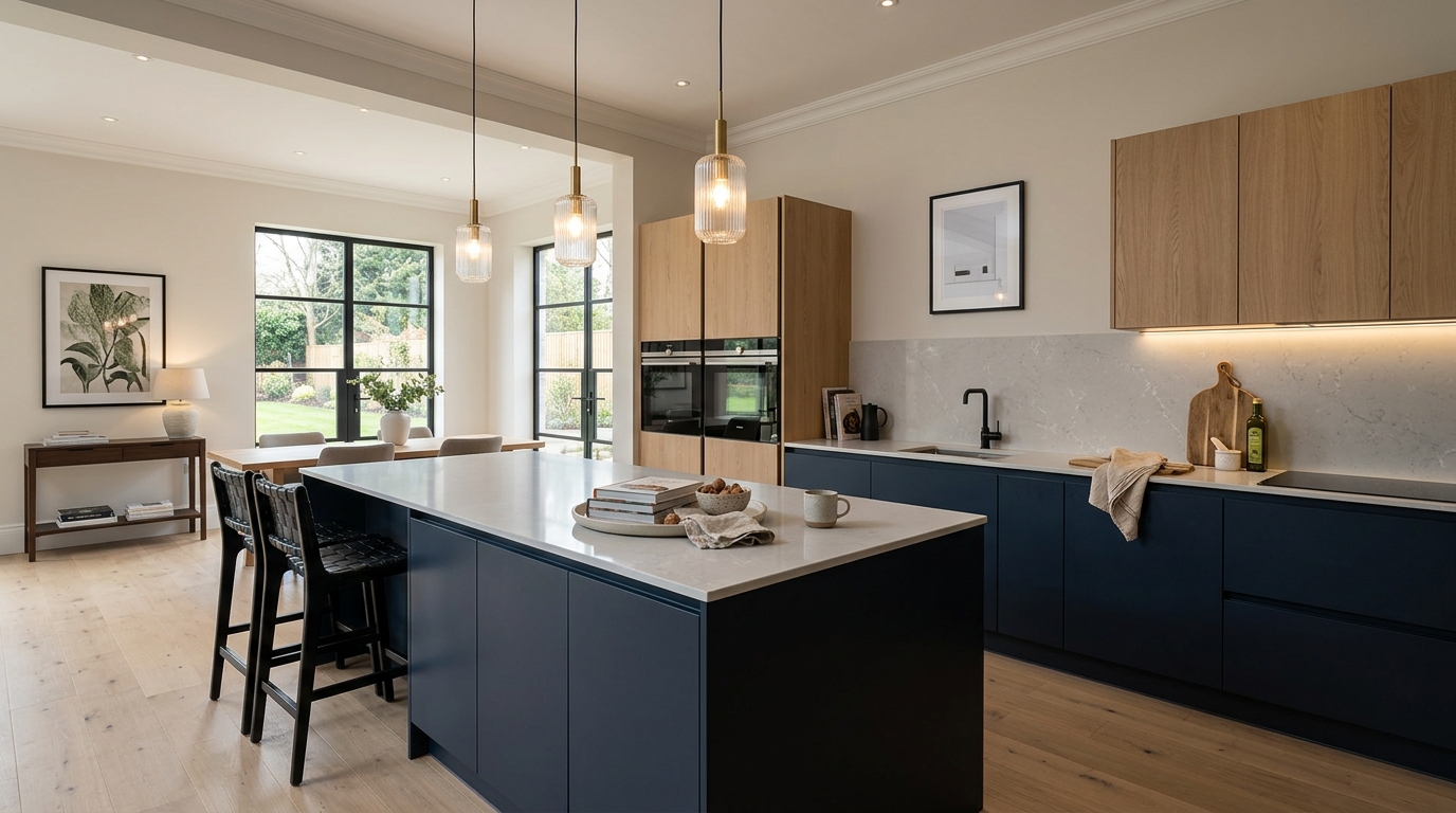 Wide view of a newly completed bespoke Mastercraft kitchen, matt painted handleless slab cabinetry in reed green tones
