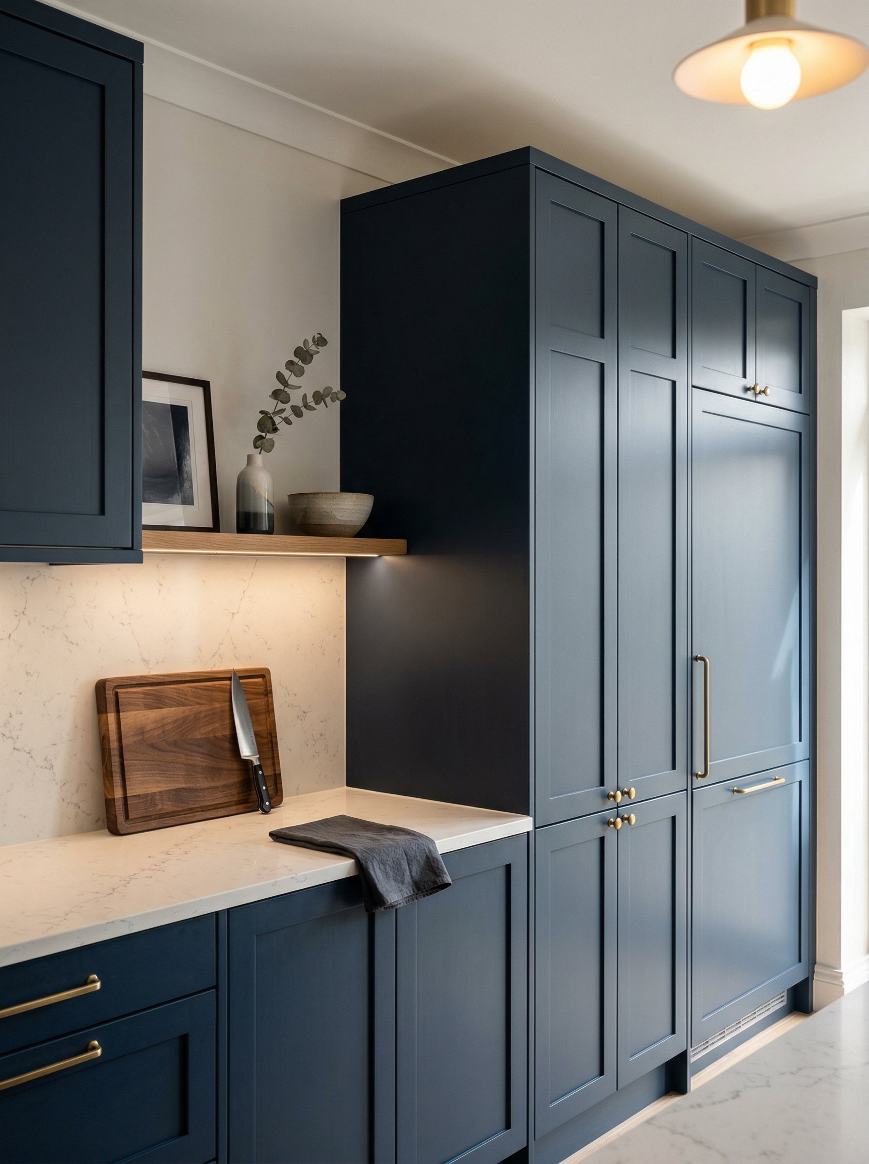 Tall view of full-height bespoke kitchen cabinetry, matt painted handleless slab cabinetry