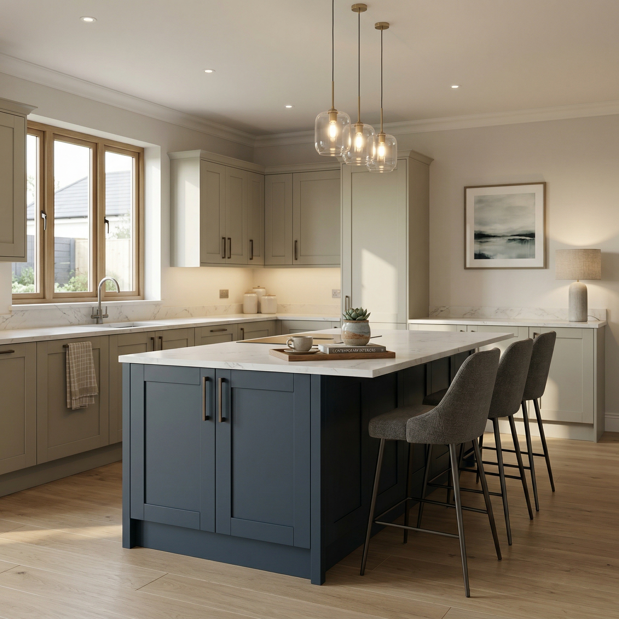Bespoke kitchen island detail, matt painted handleless slab cabinetry with quality joinery