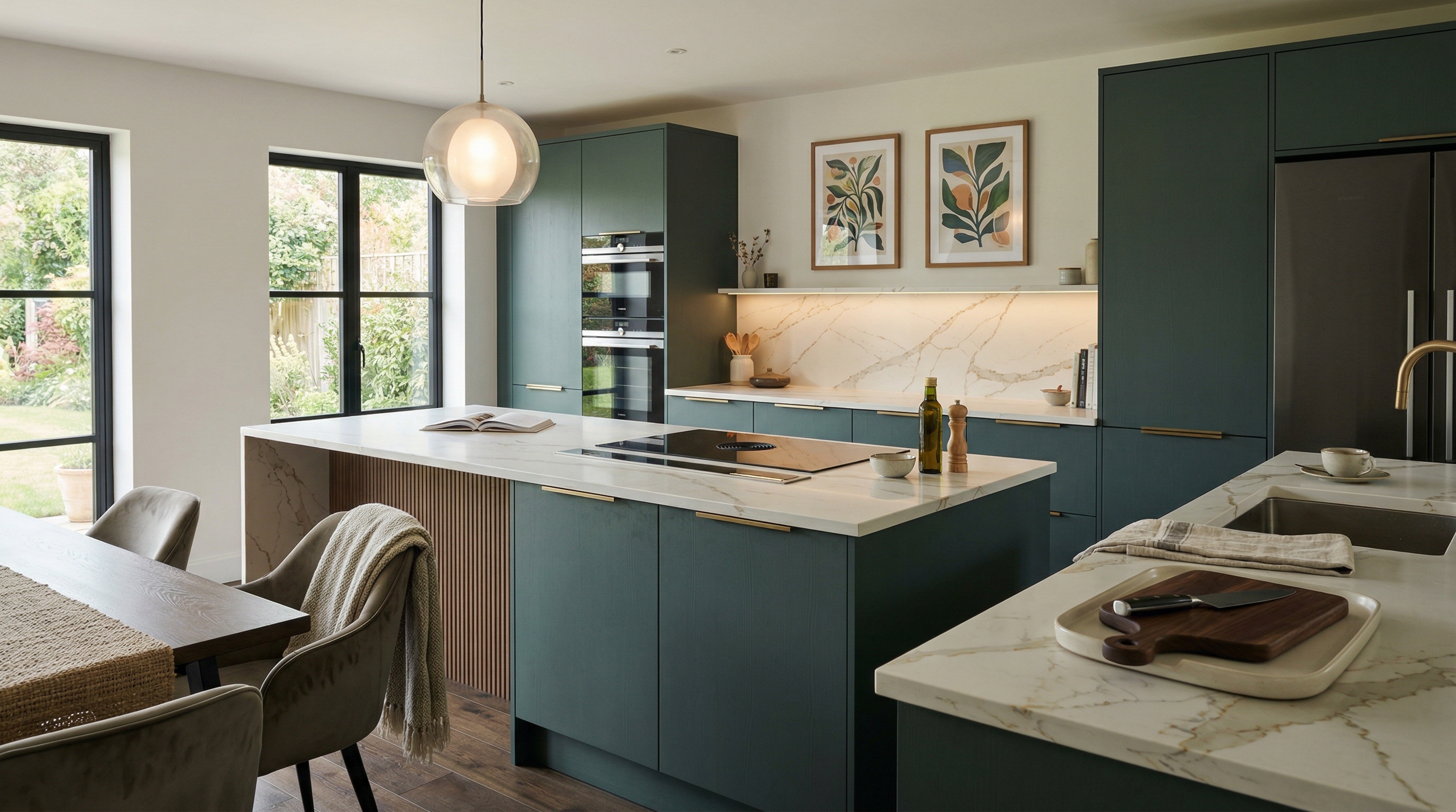 hero_1200x675 Wide view of a newly completed bespoke Mastercraft kitchen, contemporary painted lay-on cabinetry in stone grey tones