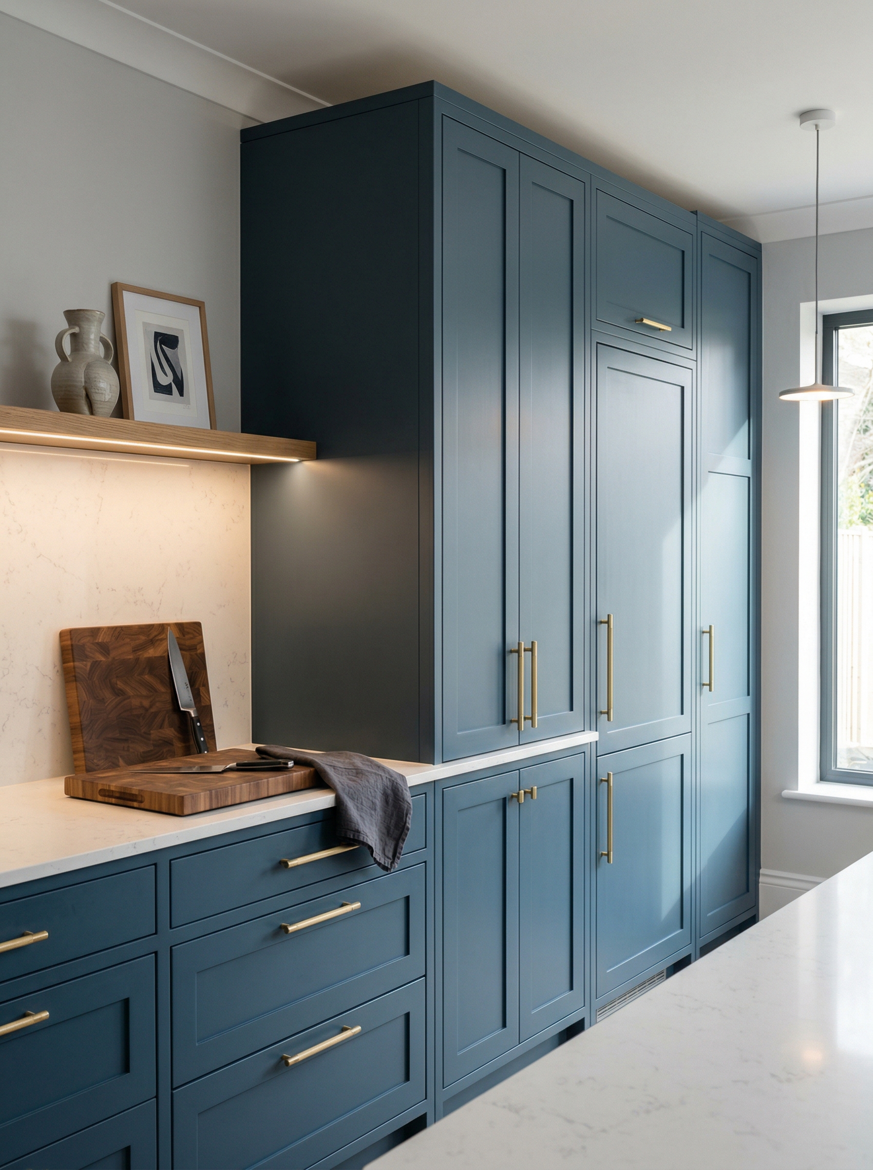 Tall view of full-height bespoke kitchen cabinetry, contemporary painted lay-on cabinetry
