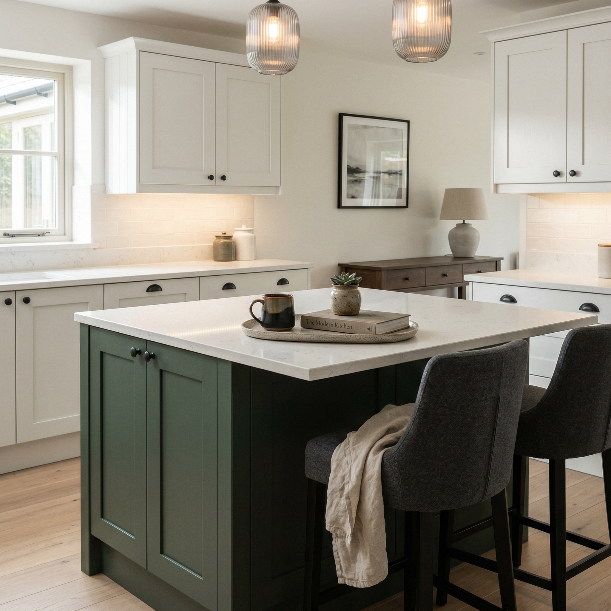 Bespoke kitchen island detail, contemporary painted lay-on cabinetry with quality joinery