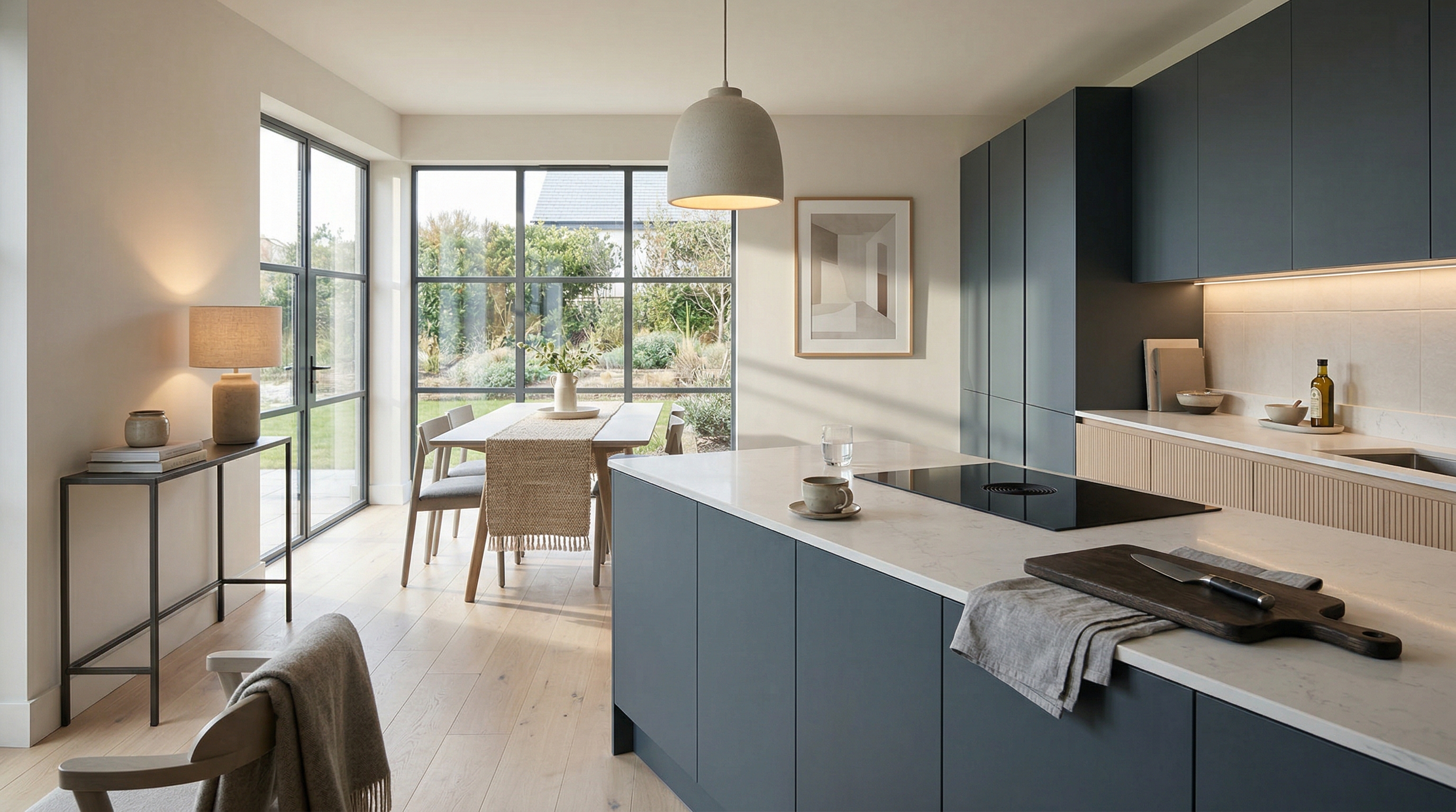 Mastercraft bespoke kitchen in St Davids, wide architectural view showing room volume and design quality