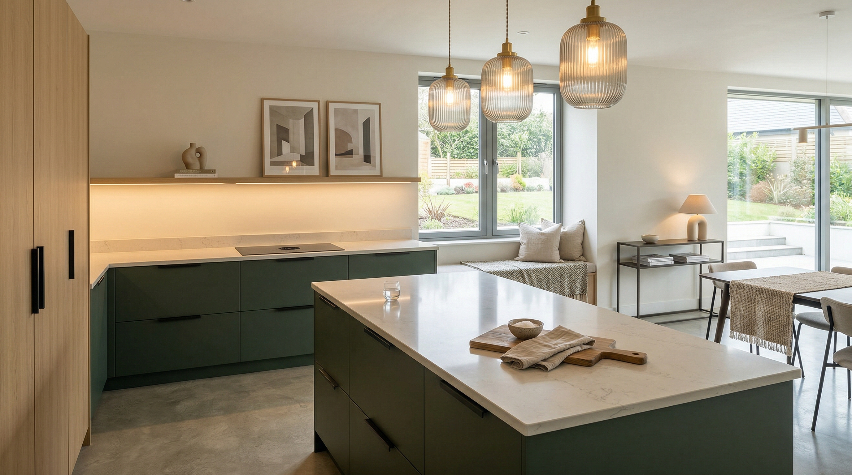 Mastercraft bespoke kitchen in St Ives, wide architectural view showing room volume and design quality