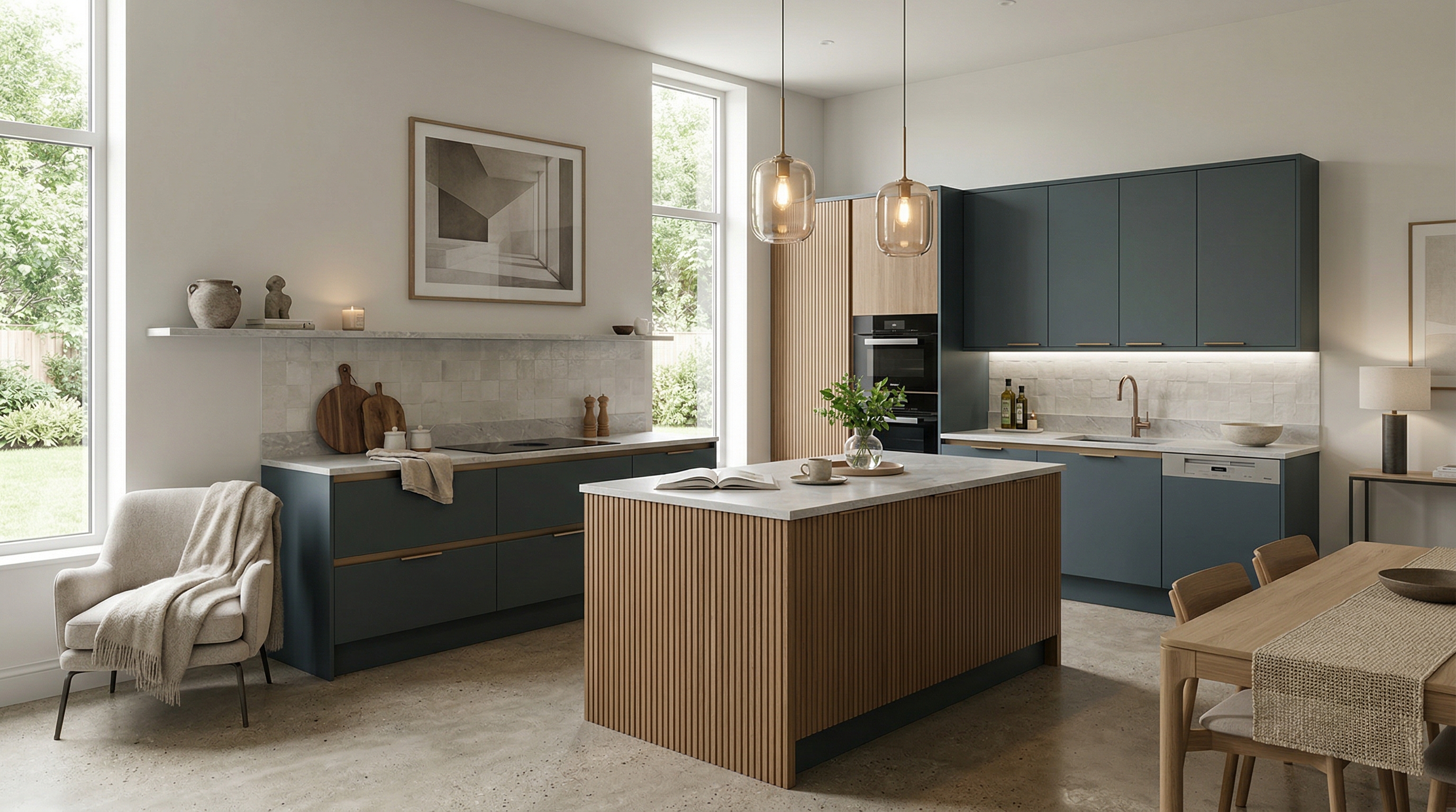 Wide view of a newly completed bespoke Mastercraft kitchen, contemporary painted lay-on cabinetry in shell tones