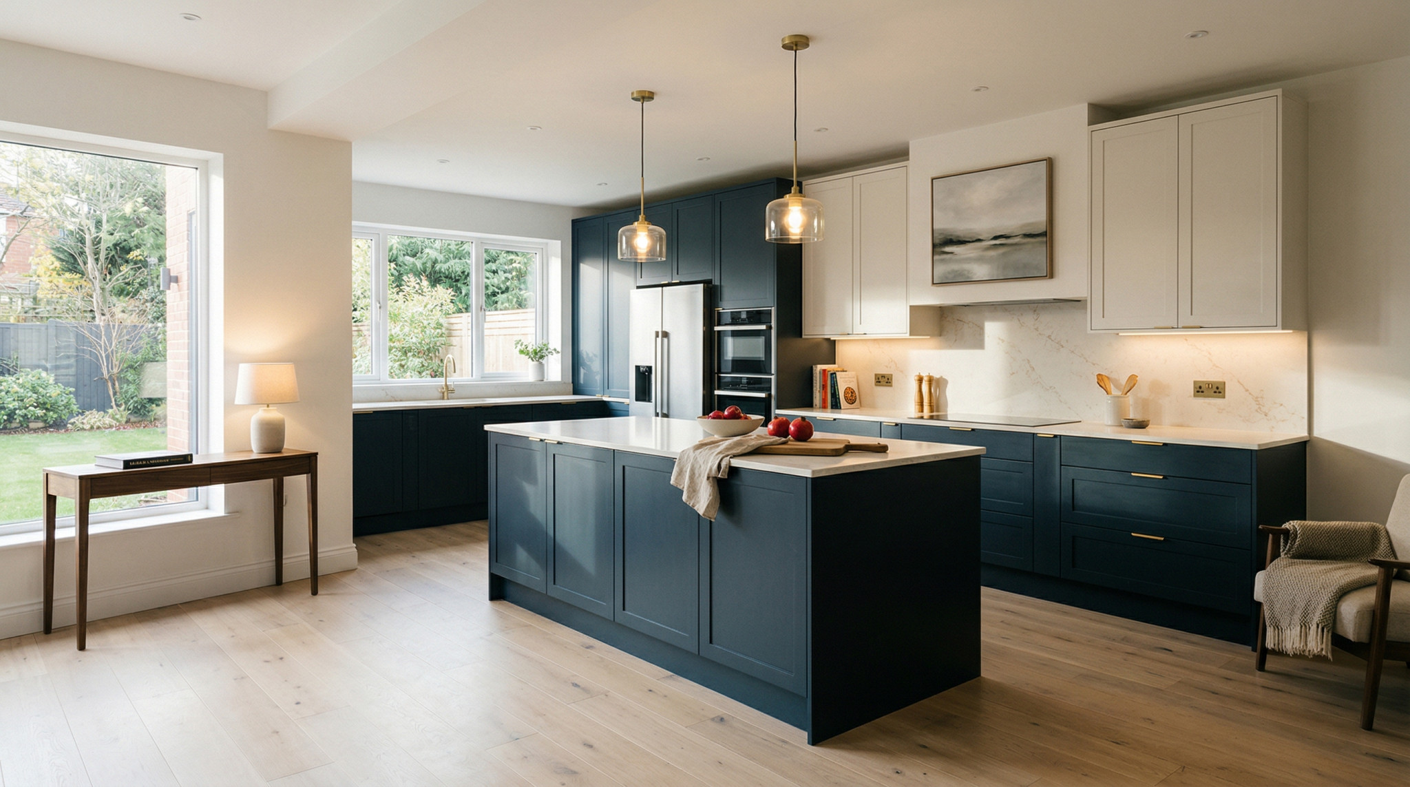 Wide view of a newly completed bespoke Mastercraft kitchen, timber veneer slab-door cabinetry in deep forest tones