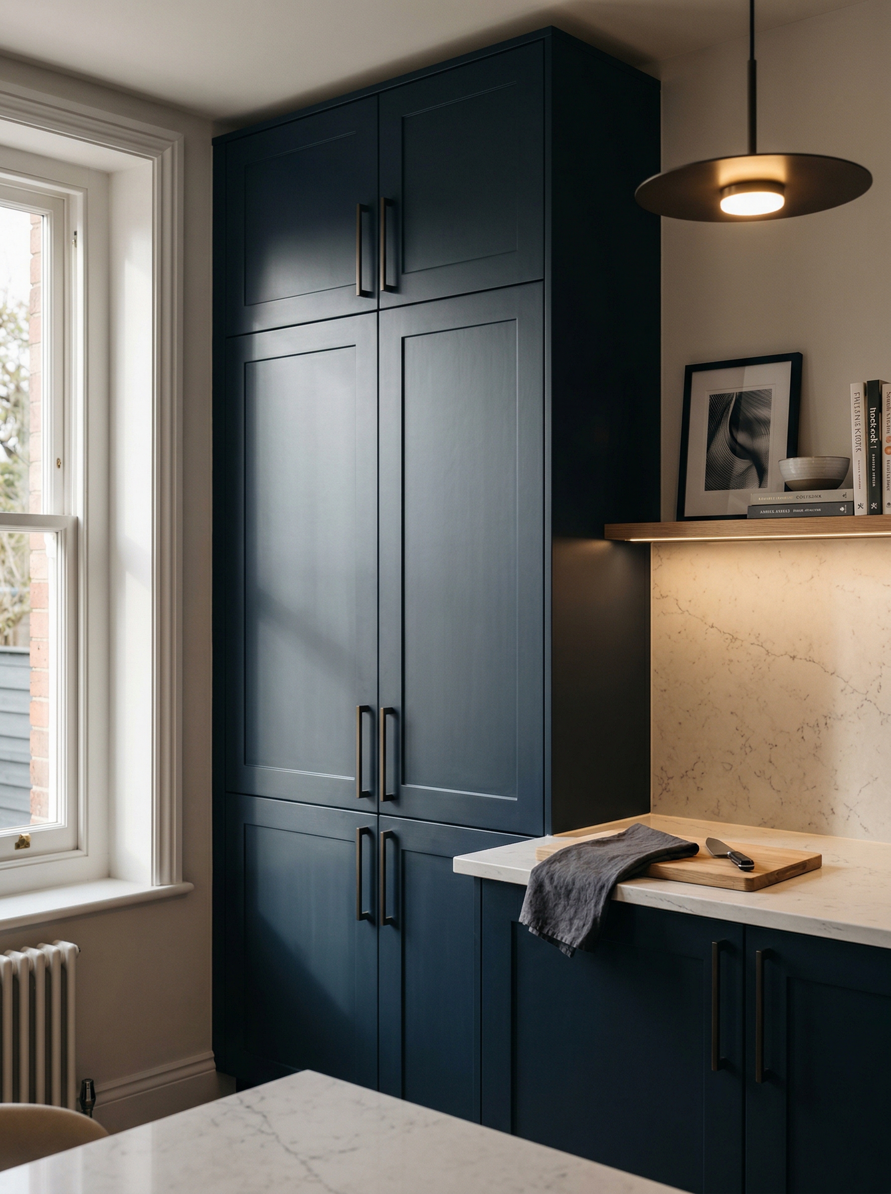 Tall view of full-height bespoke kitchen cabinetry, timber veneer slab-door cabinetry