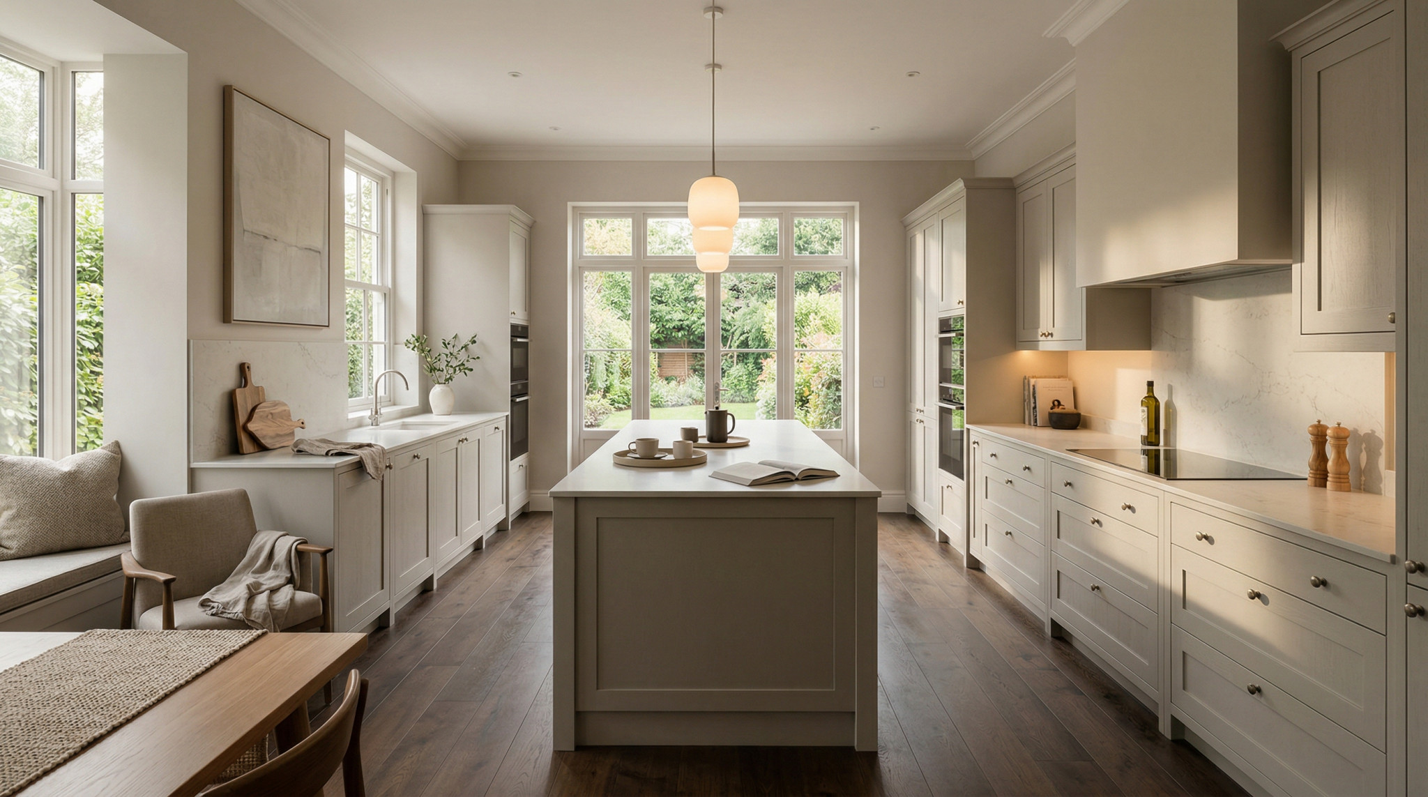 Wide view of a newly completed bespoke Mastercraft kitchen, timber veneer slab-door cabinetry in willow tones