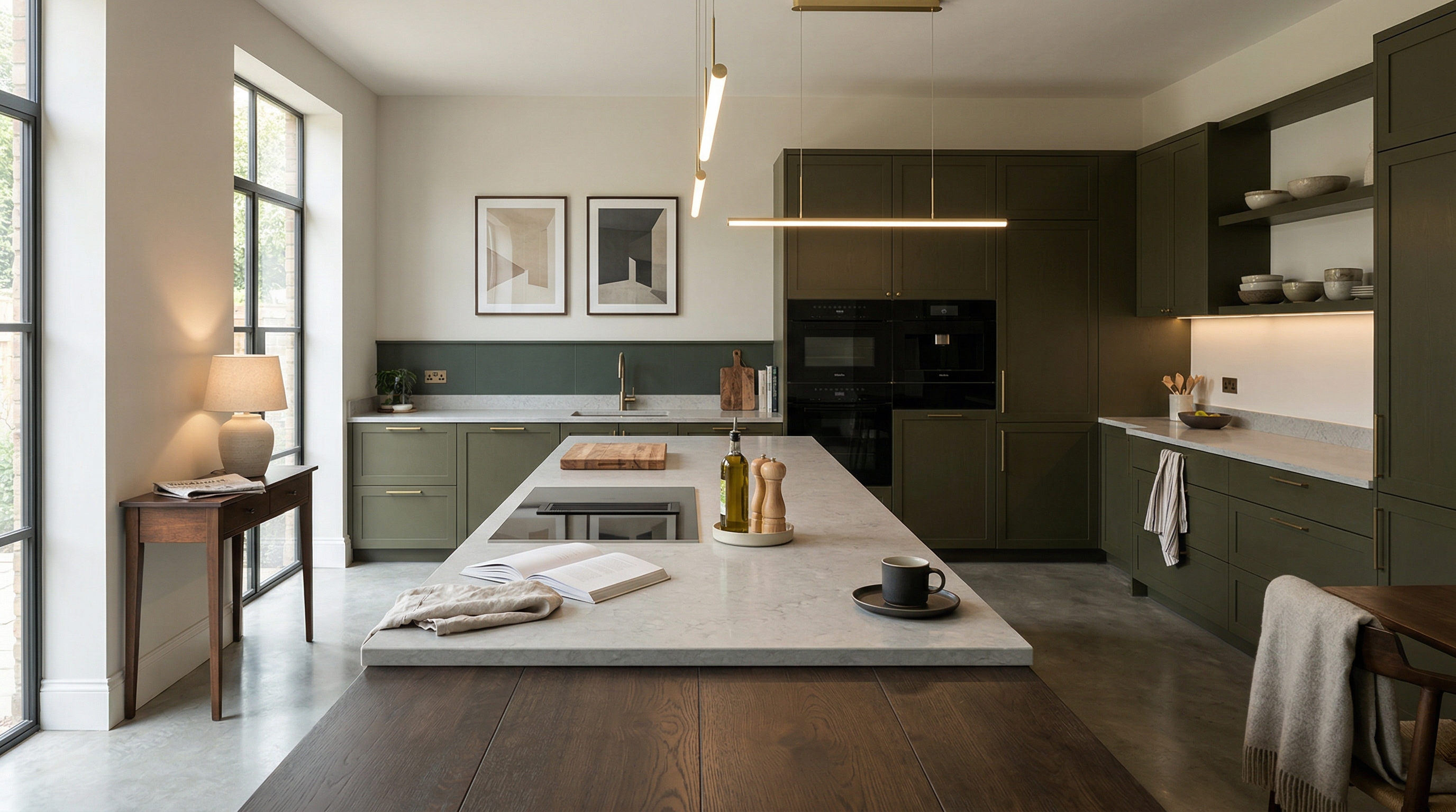 hero_1200x675 Wide view of a newly completed bespoke Mastercraft kitchen, matt painted handleless slab cabinetry in brilliant white tones