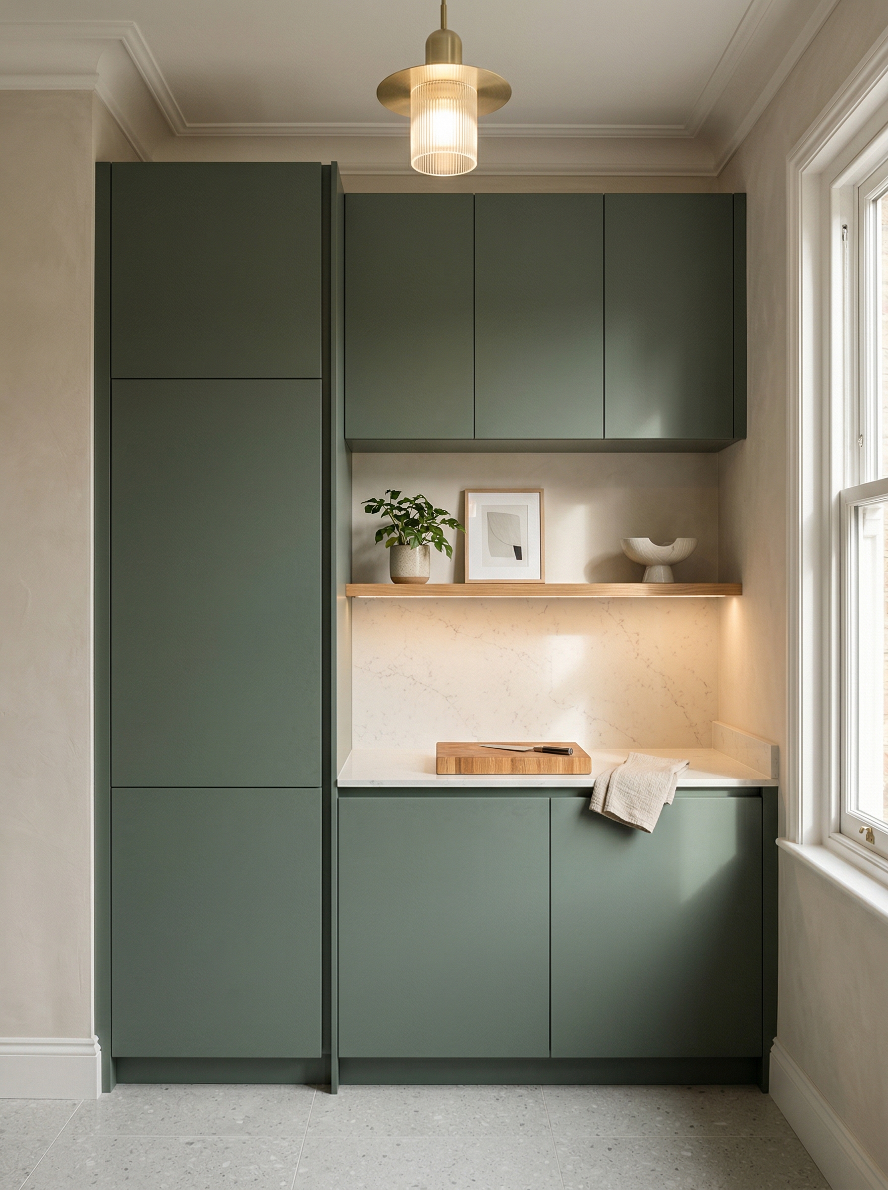 portrait1_600x800 Tall view of full-height bespoke kitchen cabinetry, matt painted handleless slab cabinetry